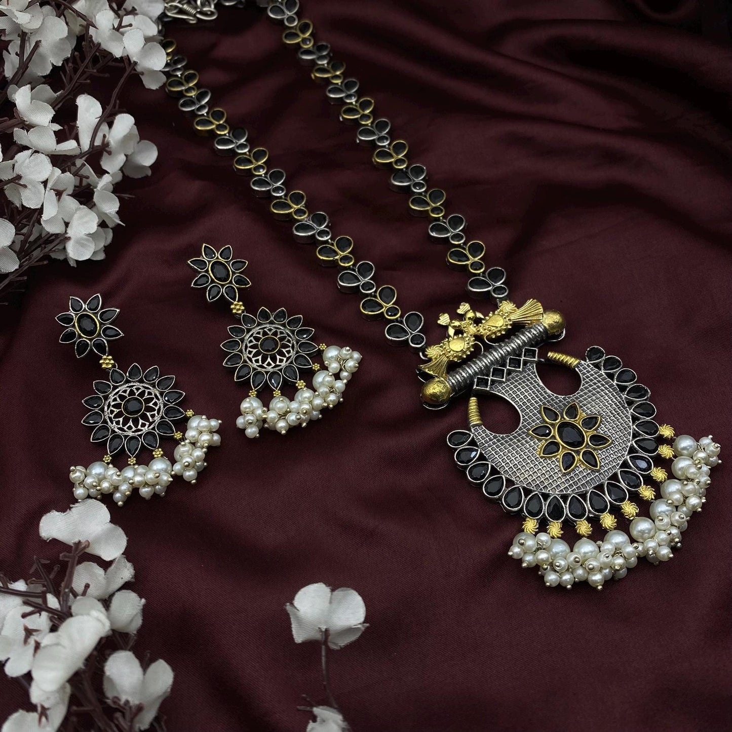 Handcrafted Oxidized Black & Gold Tribal Necklace Set with Pearl Drops | Statement Ethnic Jewelry by Quirky Fashions