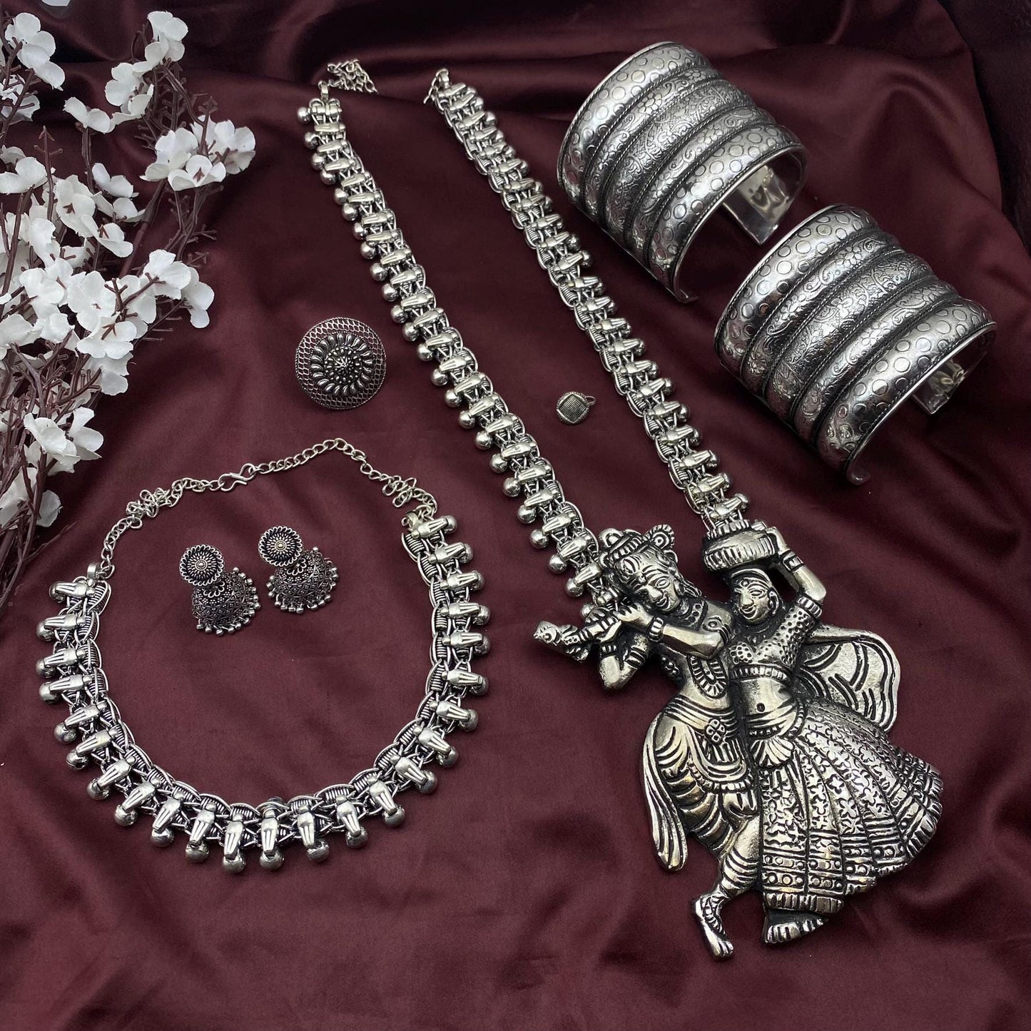 Quirky Fashions Oxidized Silver Dokra Jewelry Set | Radha Krishna | Buddha | Ganesha | Bird Necklace | Combo of 6 pc | Perfect Indian Gift