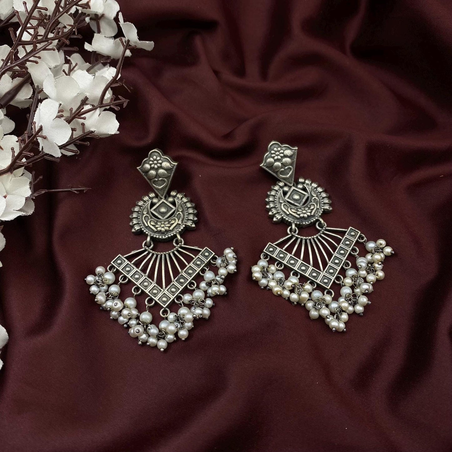 Handmade Oxidized Silver Chandelier Earrings with Pearl Danglers by Quirky Fashions