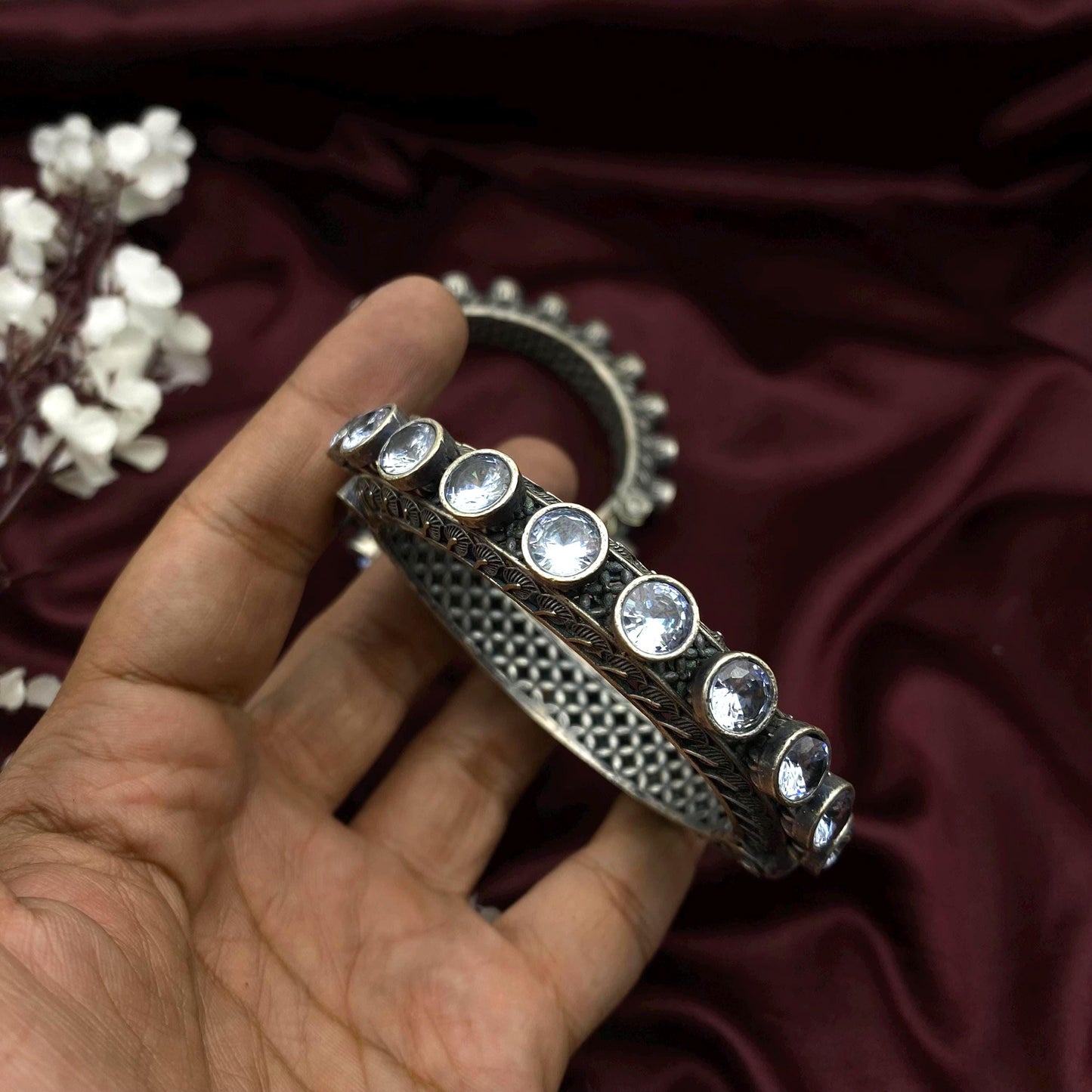 Oxidized Silver Screw Bangles with White Stones | Traditional Statement Kada | Adjustable Antique Cuff Bracelet for Women | Ethnic Indian Je