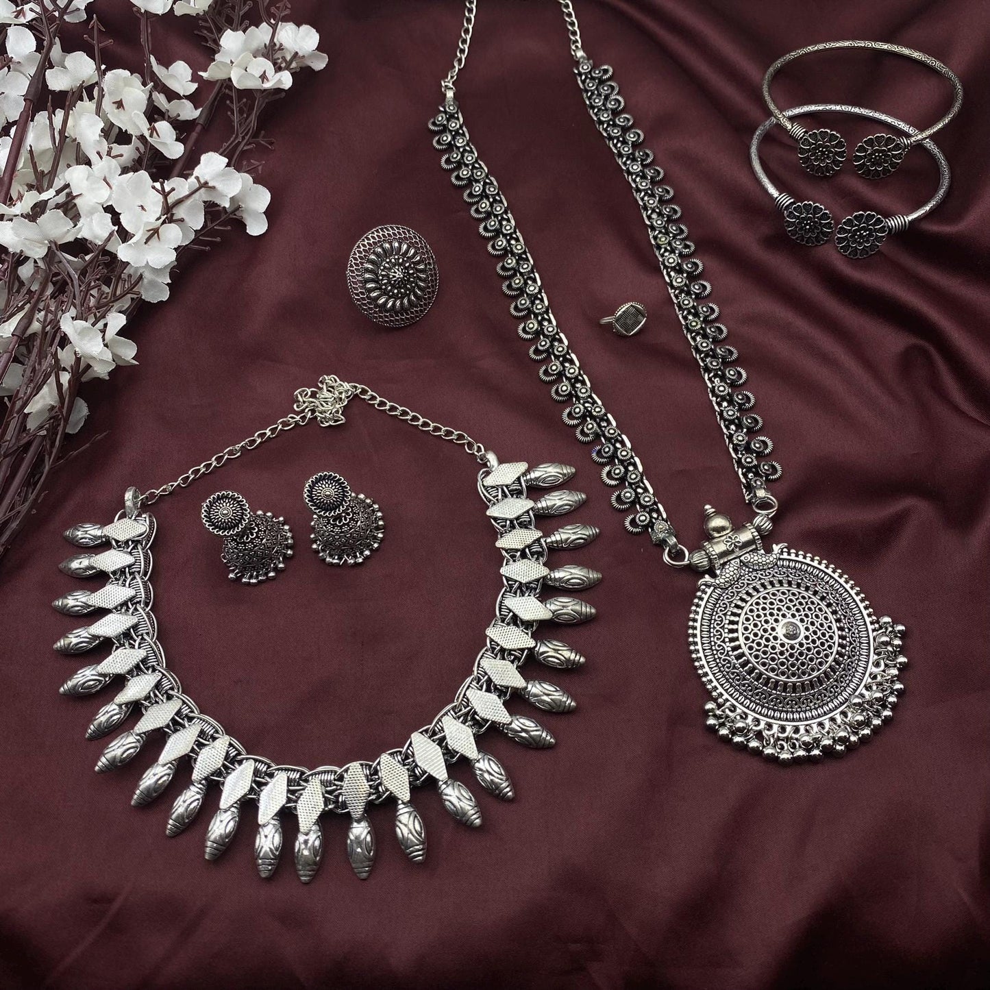6pc Tribal set, Boho Long Necklace Set, Oxidized Jewelry Set, Ethnic Jewelry, Temple Jewelry, Gift for Xmas, Indian Jewlery Necklace Set