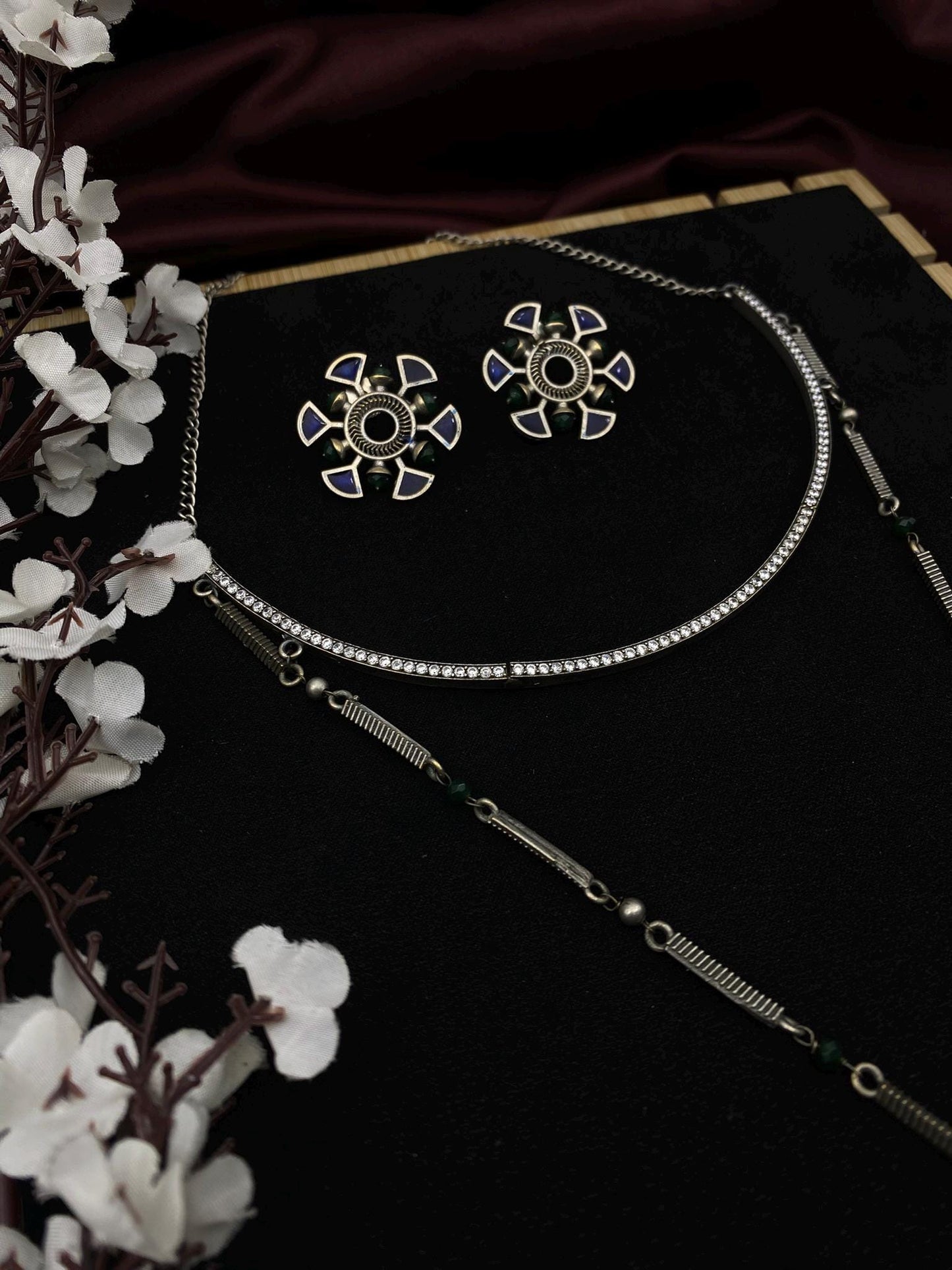 Tribal Oxidized Silver Long Necklace Set with Stud Earrings | Enamel Flower Pendant | Boho Ethnic Jewelry by Quirky Fashions