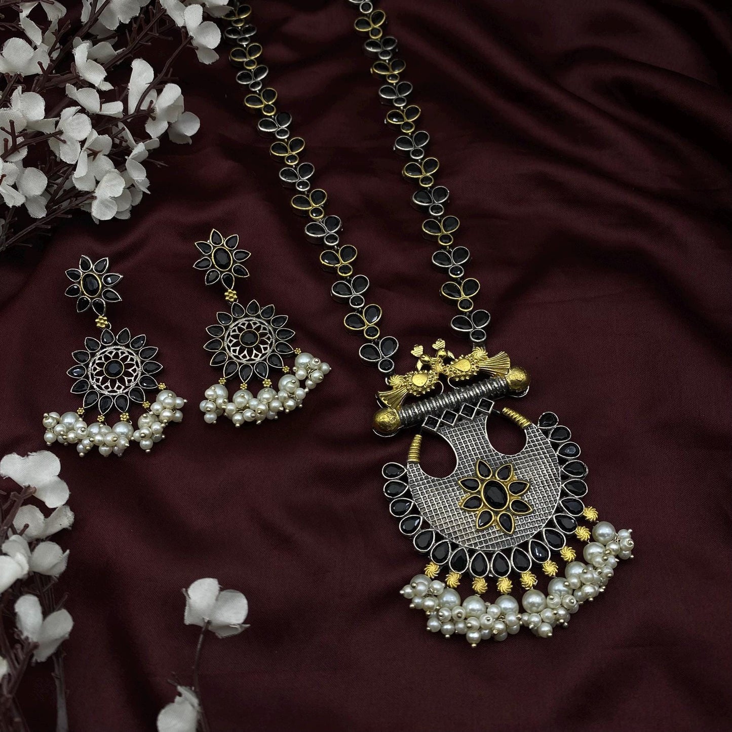 Handcrafted Oxidized Black & Gold Tribal Necklace Set with Pearl Drops | Statement Ethnic Jewelry by Quirky Fashions