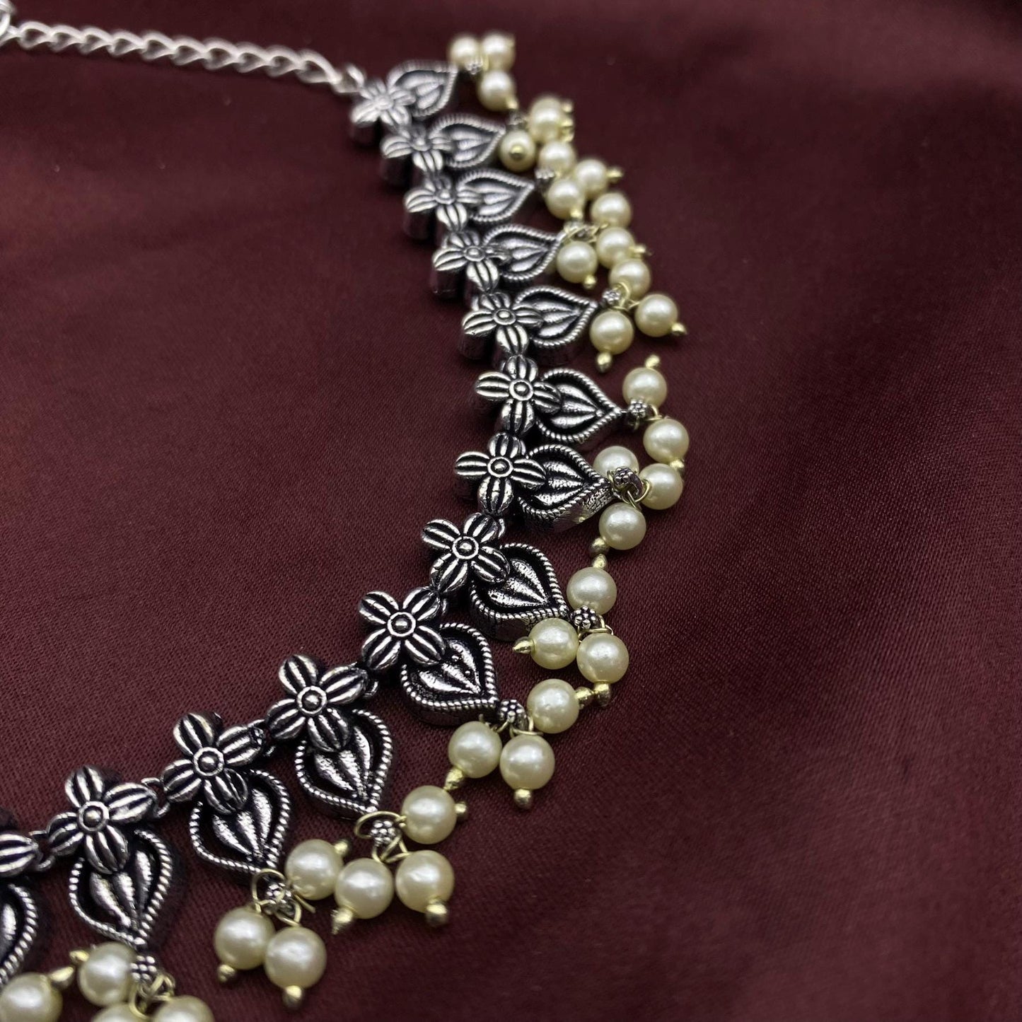 Quirky Fashions Oxidised Choker necklace floral Elegance Pearl Moti Choker Necklace Set with Matching Stud Earrings