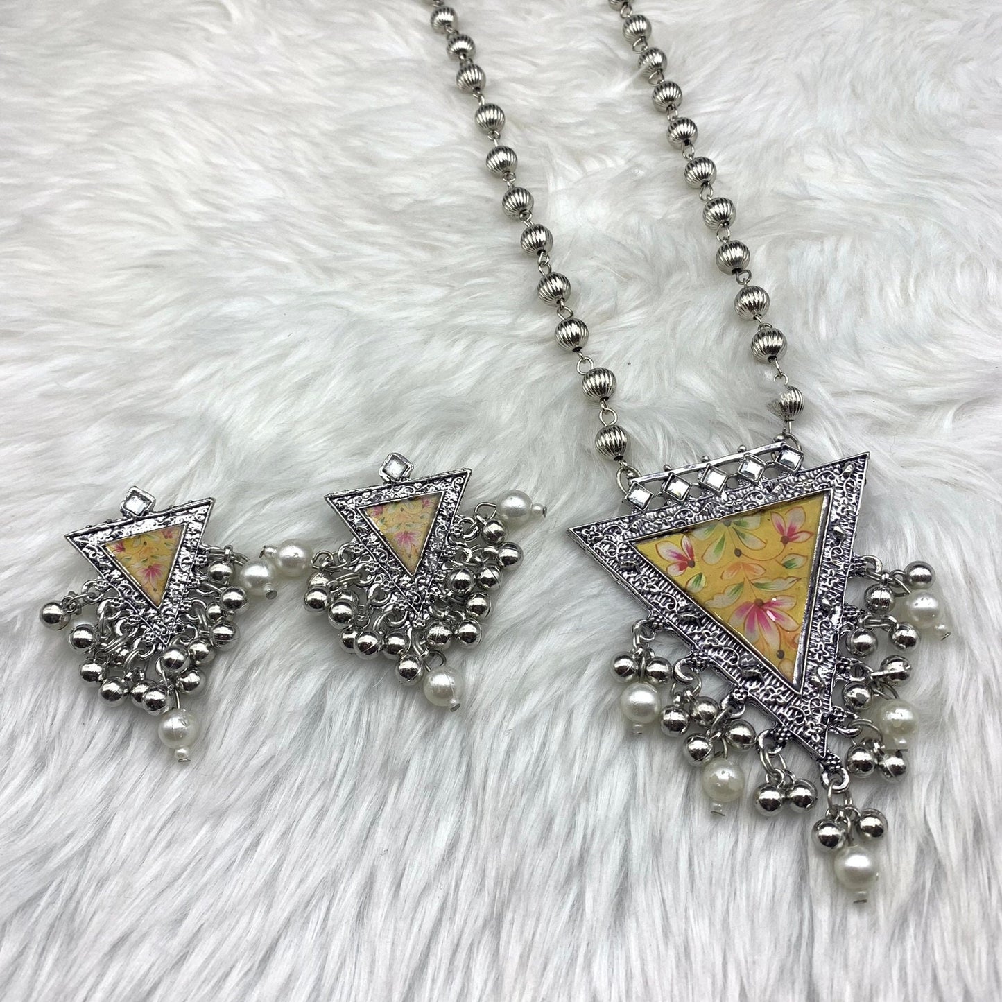 Quirky Fashions Oxidized silver Indian style ethnic wear jewelry necklace set with earrings, banjara necklace, handmade pumpkin beads chain.