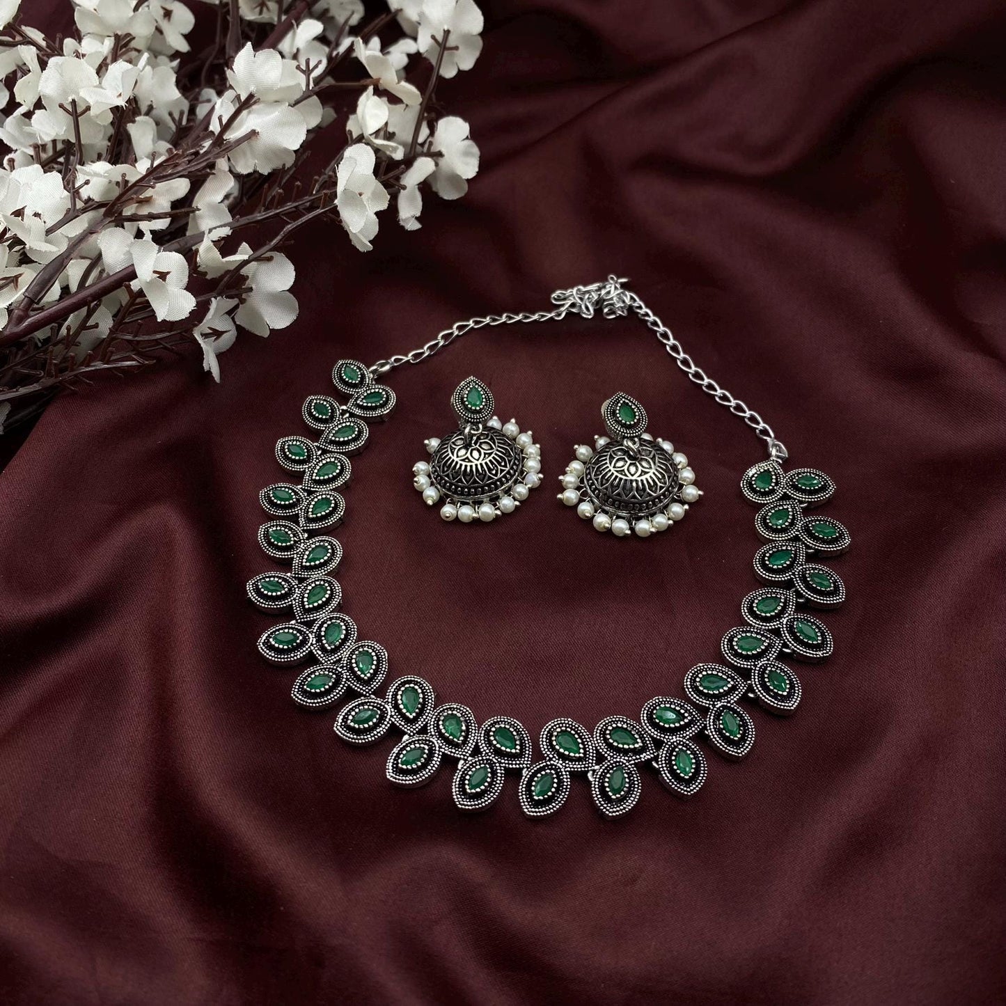 Oxidized Silver stone Choker Necklace with Matching Jhumka Earrings – Elegant Ethnic Jewelry by Quirky Fashions