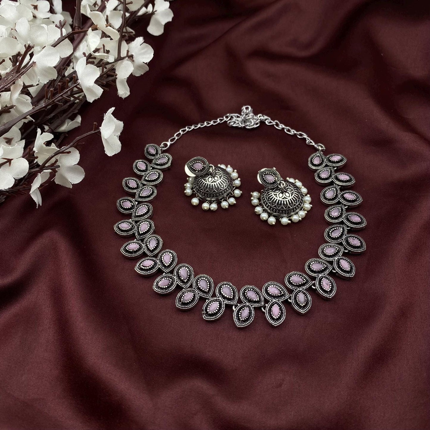 Oxidized Silver stone Choker Necklace with Matching Jhumka Earrings – Elegant Ethnic Jewelry by Quirky Fashions