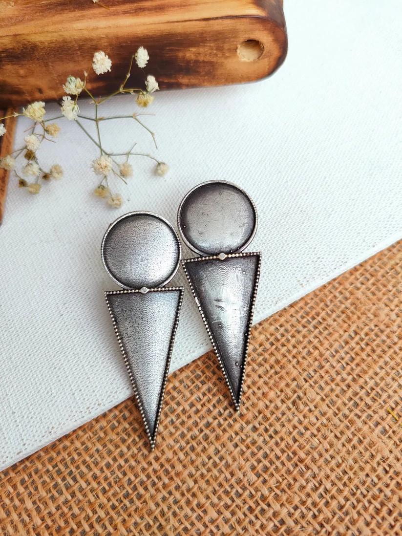 Oxidized Silver Geometric Dangle Earrings | Minimalist Tribal Earrings | Handmade Boho Drop Earrings | Statement Ethnic Jewelry for Women