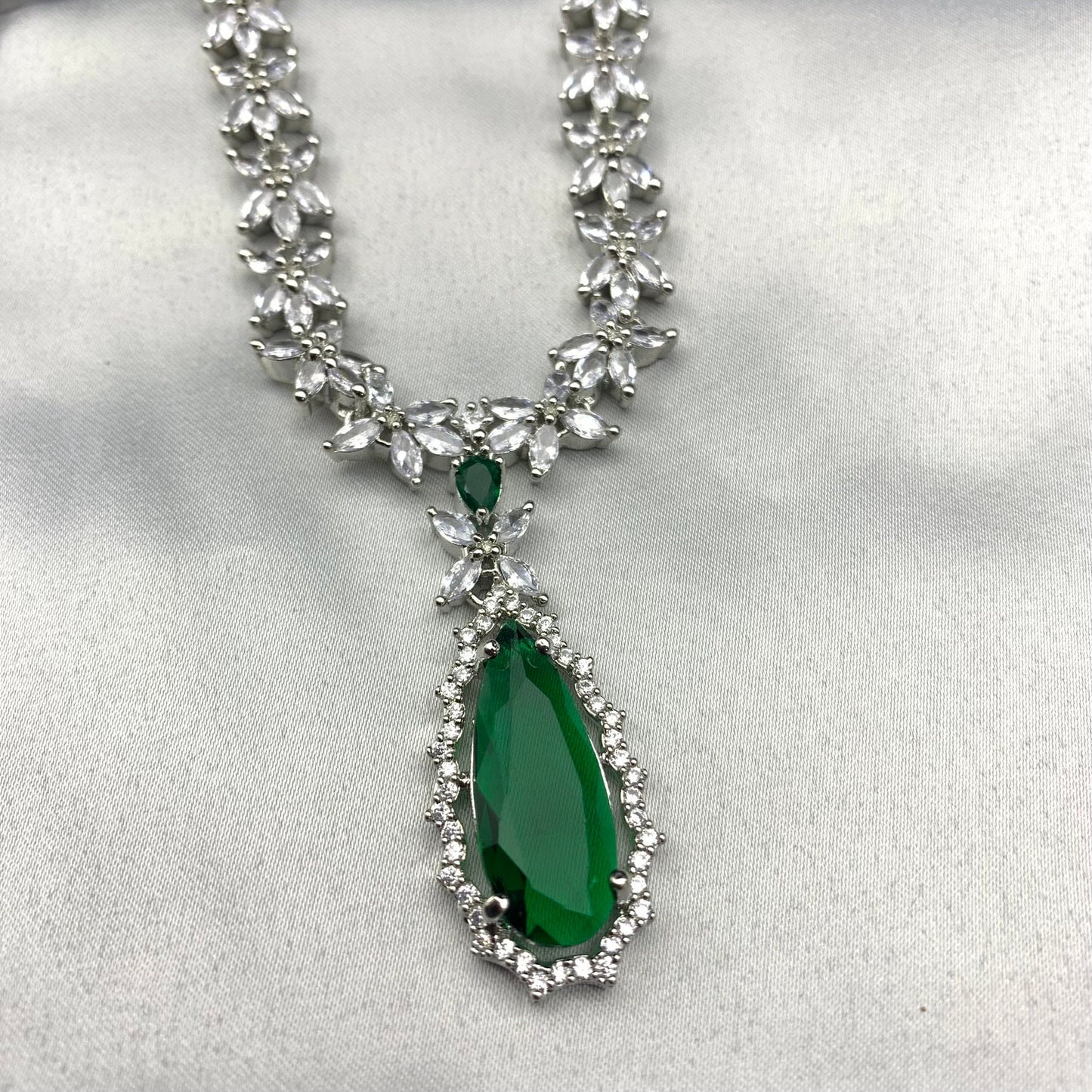 Quirky Fashions emerald drop shape stone CZ necklace with matching earrings | Indian Jewelry | Wedding Jewelry | Indian outfits | Women Gift