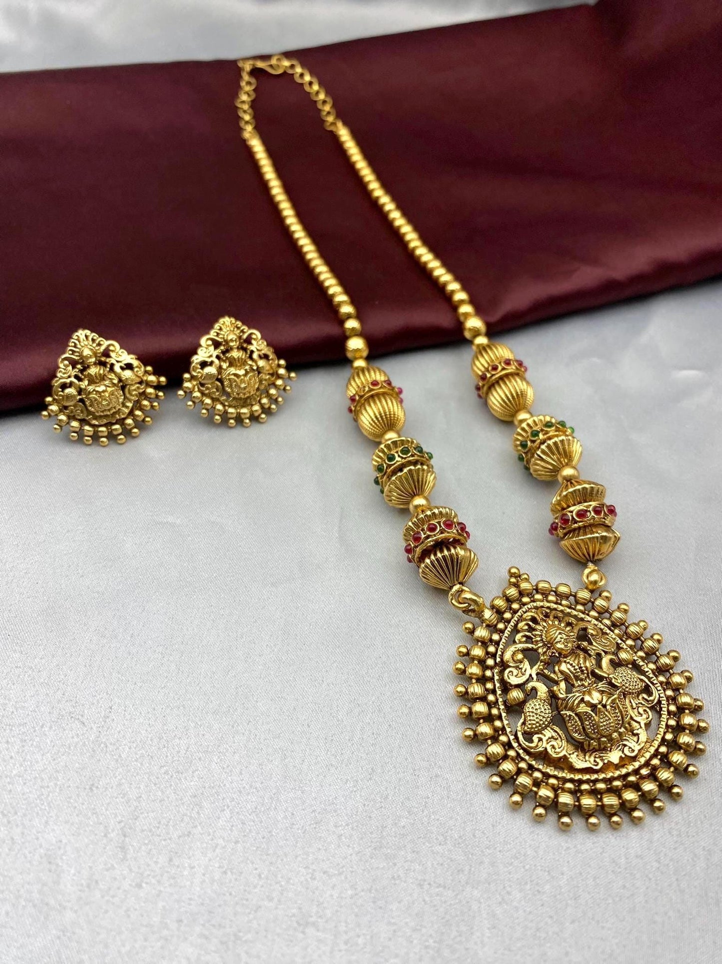 South Indian Temple Jewelry Necklace Set | Handmade Goddess Lakshmi Pendant Necklace with Earrings | Bridal Jewelry by Quirky Fashions
