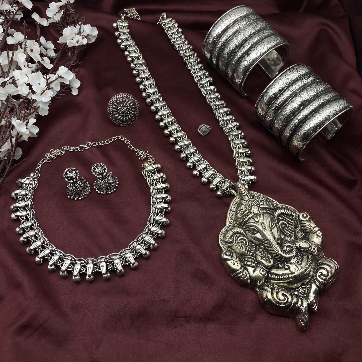 Quirky Fashions Oxidized Silver Dokra Jewelry Set | Radha Krishna | Buddha | Ganesha | Bird Necklace | Combo of 6 pc | Perfect Indian Gift