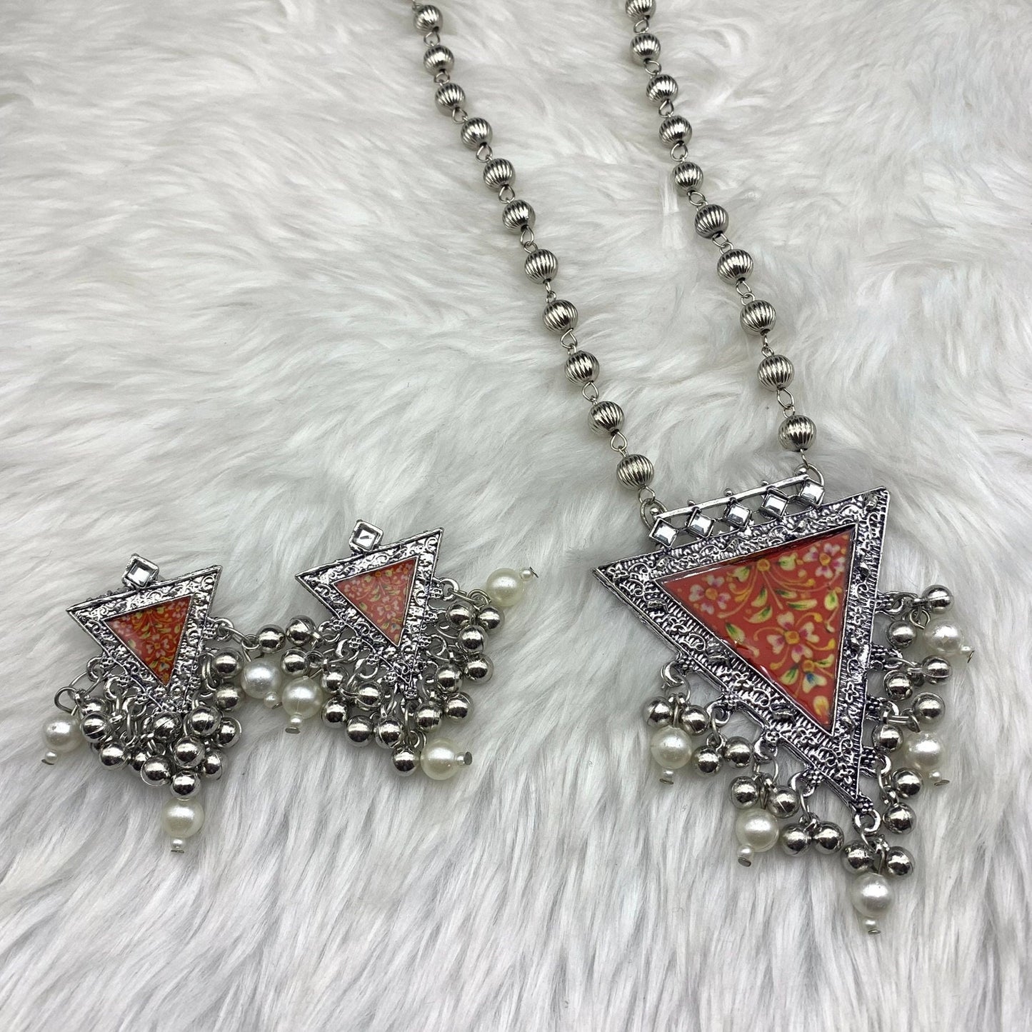Quirky Fashions Oxidized silver Indian style ethnic wear jewelry necklace set with earrings, banjara necklace, handmade pumpkin beads chain.