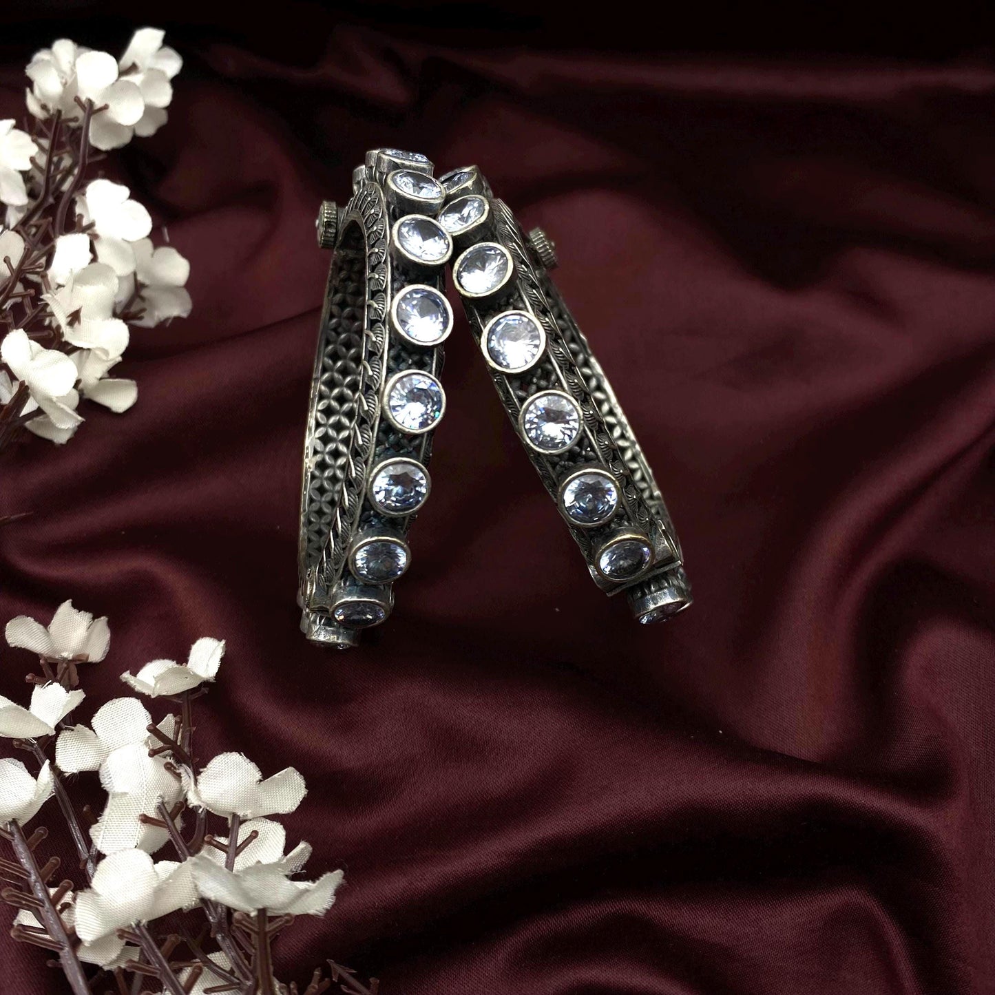 Oxidized Silver Screw Bangles with White Stones | Traditional Statement Kada | Adjustable Antique Cuff Bracelet for Women | Ethnic Indian Je