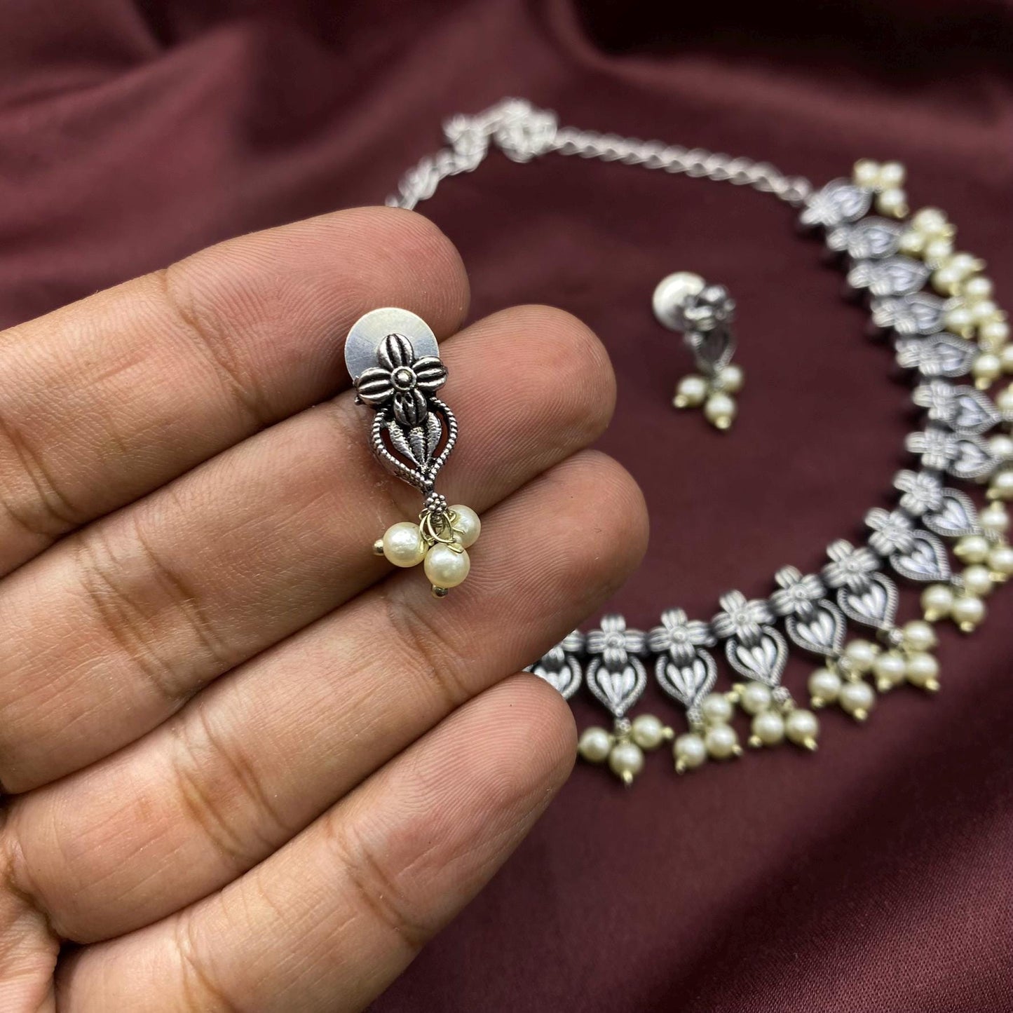 Quirky Fashions Oxidised Choker necklace floral Elegance Pearl Moti Choker Necklace Set with Matching Stud Earrings