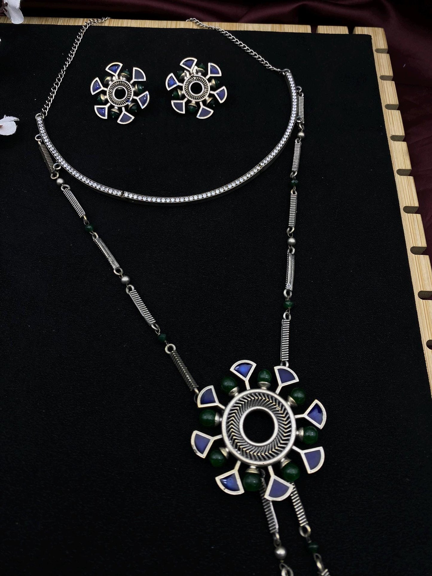 Tribal Oxidized Silver Long Necklace Set with Stud Earrings | Enamel Flower Pendant | Boho Ethnic Jewelry by Quirky Fashions