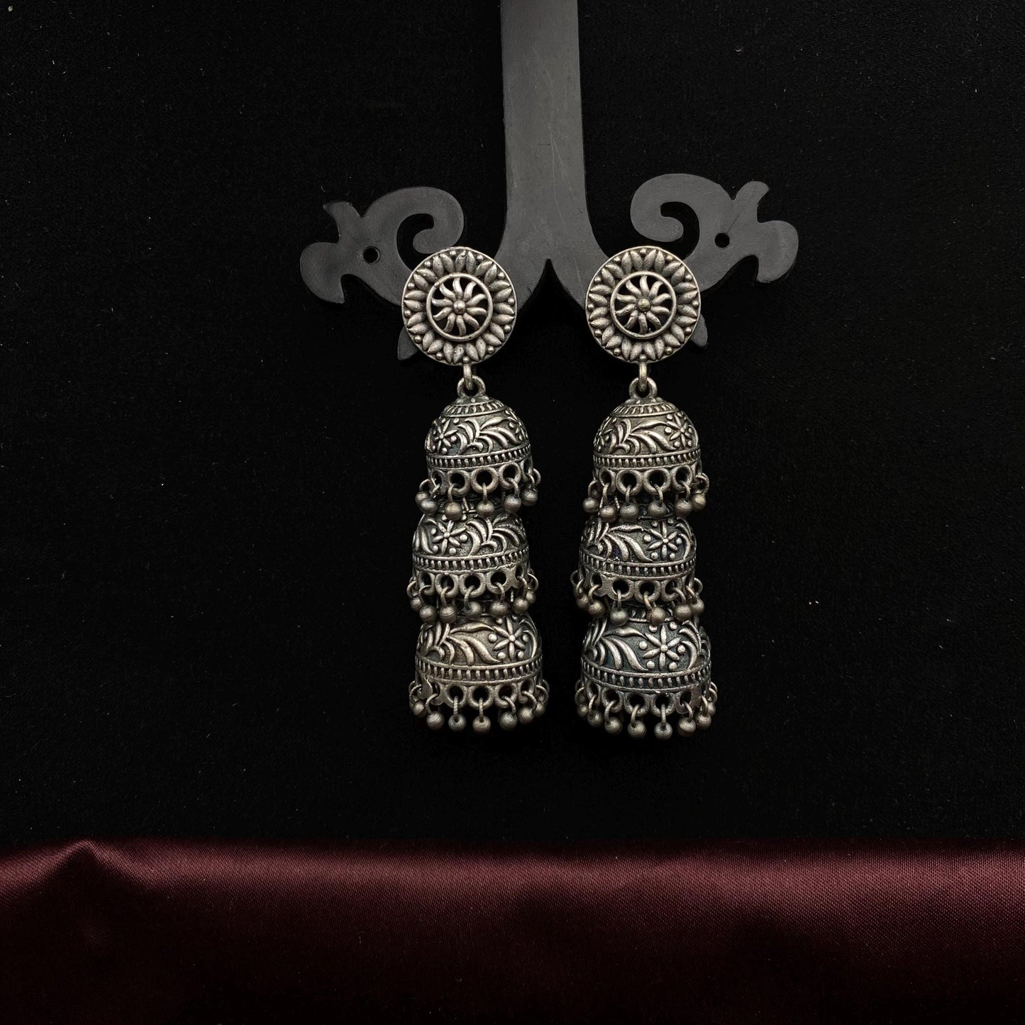 Quirky Fashions Oxidized Silver Triple Jhumka Earrings – Boho Vintage Dangle Earrings for Women