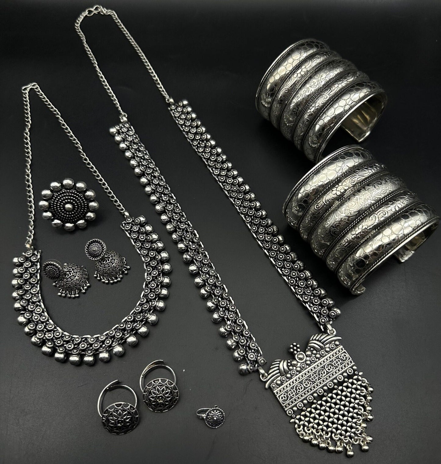 Set of 7 pc Oxidized Jewelry Set, Boho Long Necklace Set, Ethnic Jewelry, Temple Jewelry, Gift for Her, Indian Jewelry Necklace Set, Tribal