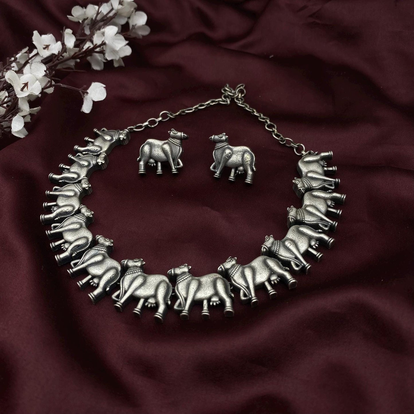 Oxidized Silver Cow Motif Choker Necklace Set | Tribal Animal Jewelry | Boho Statement Necklace with Matching Earrings | Quirky Fashions