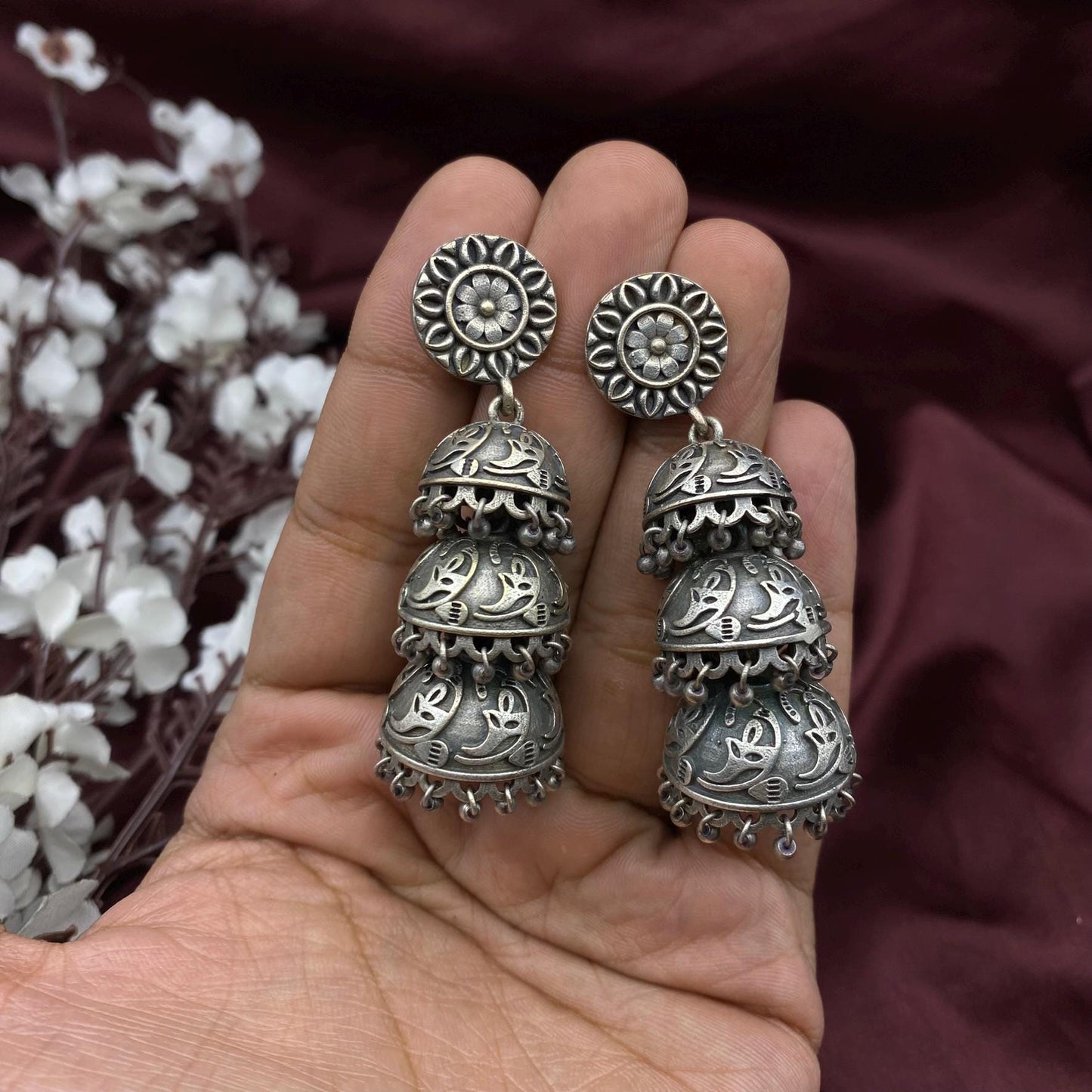 Quirky Fashions Oxidized Silver Triple Jhumka Earrings – Boho Vintage Dangle Earrings for Women