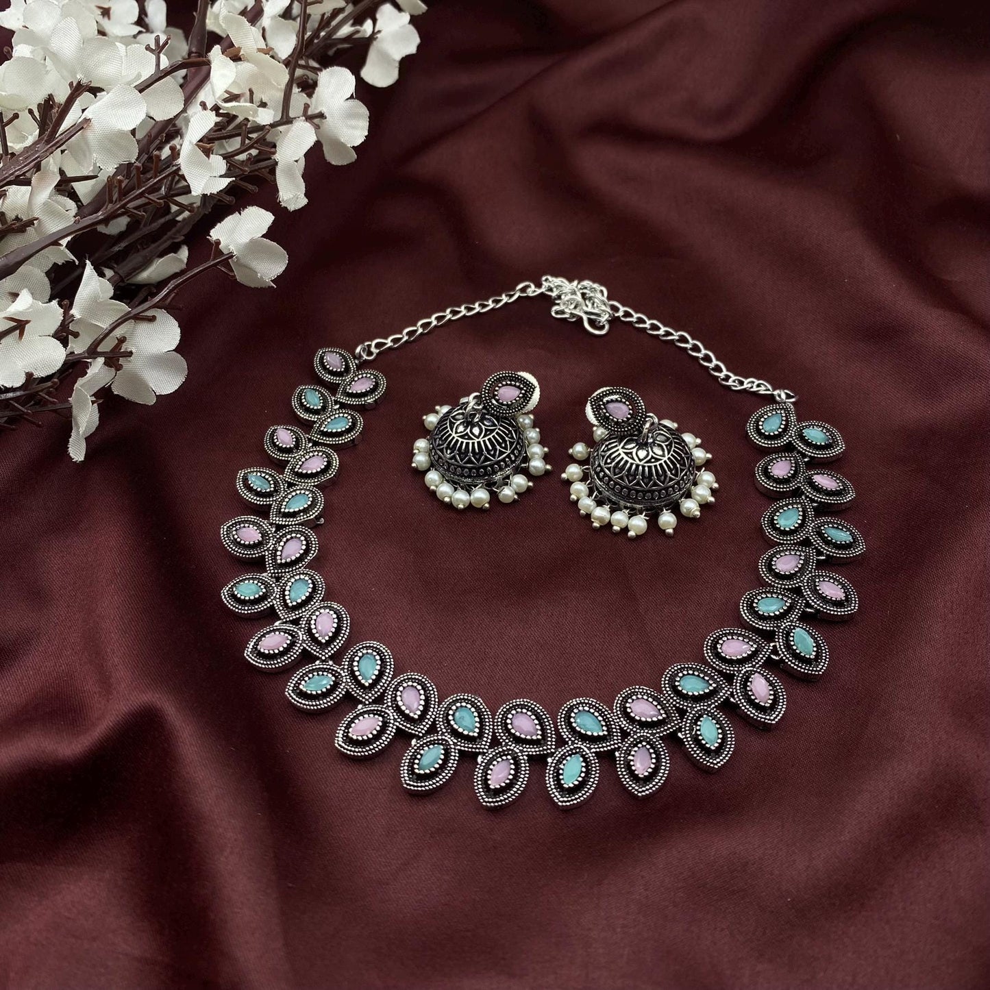 Oxidized Silver stone Choker Necklace with Matching Jhumka Earrings – Elegant Ethnic Jewelry by Quirky Fashions