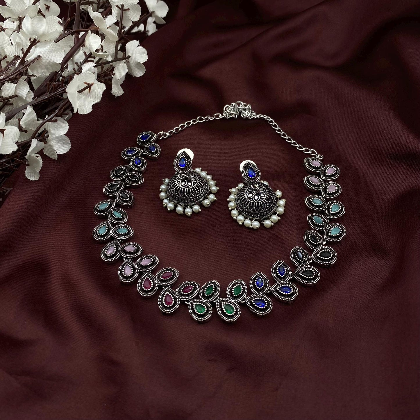 Oxidized Silver stone Choker Necklace with Matching Jhumka Earrings – Elegant Ethnic Jewelry by Quirky Fashions