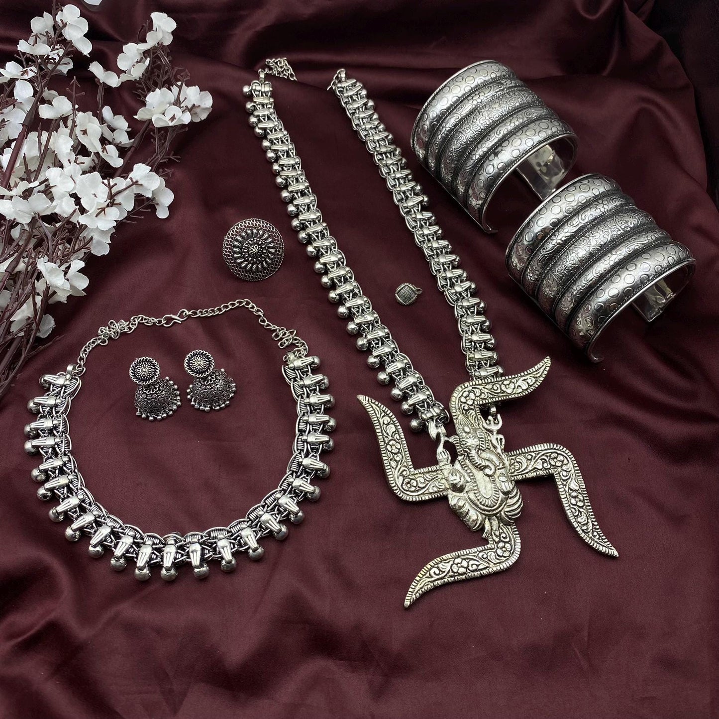 Quirky Fashions Oxidized Silver Dokra Jewelry Set | Radha Krishna | Buddha | Ganesha | Bird Necklace | Combo of 6 pc | Perfect Indian Gift