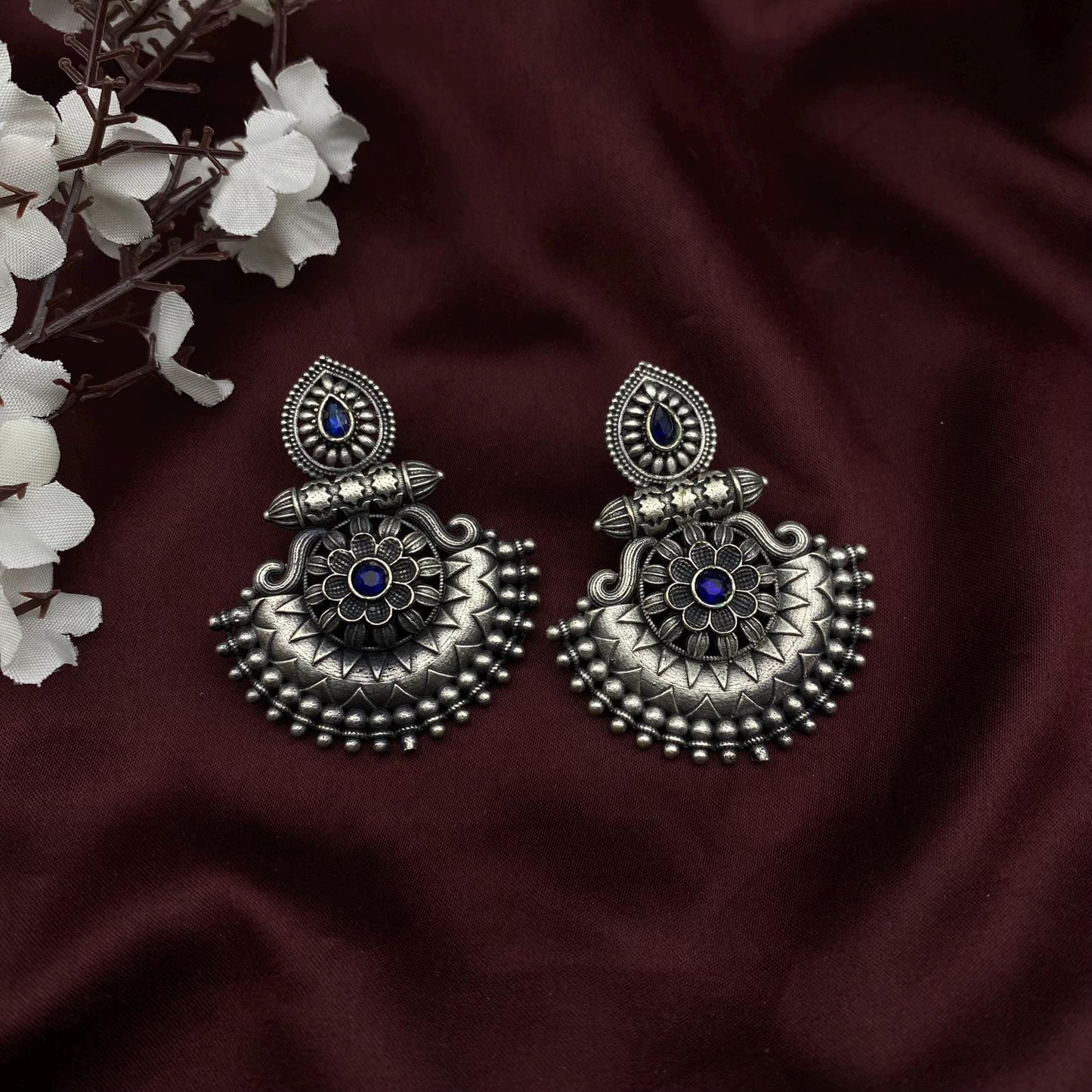 Oxidised Antique Silver Teardrop Floral Chaandbali Earrings by Quirky Fashions – Available in 10 Colors