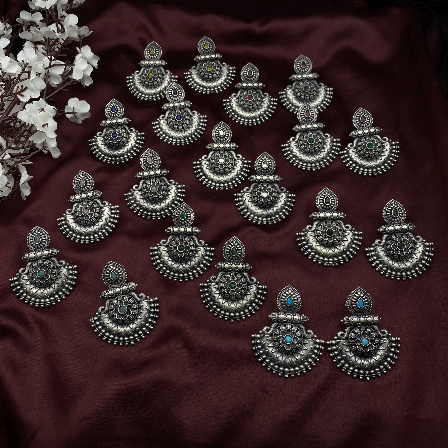 Oxidised Antique Silver Teardrop Floral Chaandbali Earrings by Quirky Fashions – Available in 10 Colors