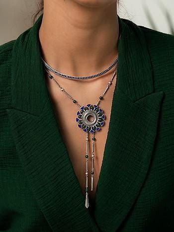 Tribal Oxidized Silver Long Necklace Set with Stud Earrings | Enamel Flower Pendant | Boho Ethnic Jewelry by Quirky Fashions