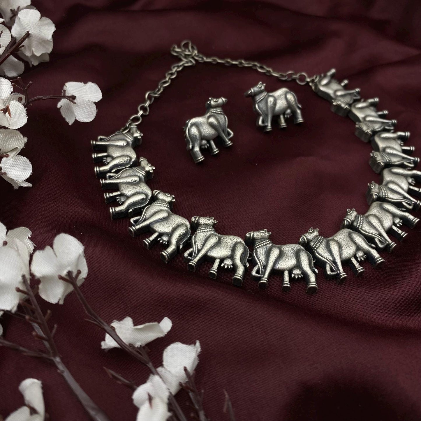 Oxidized Silver Cow Motif Choker Necklace Set | Tribal Animal Jewelry | Boho Statement Necklace with Matching Earrings | Quirky Fashions