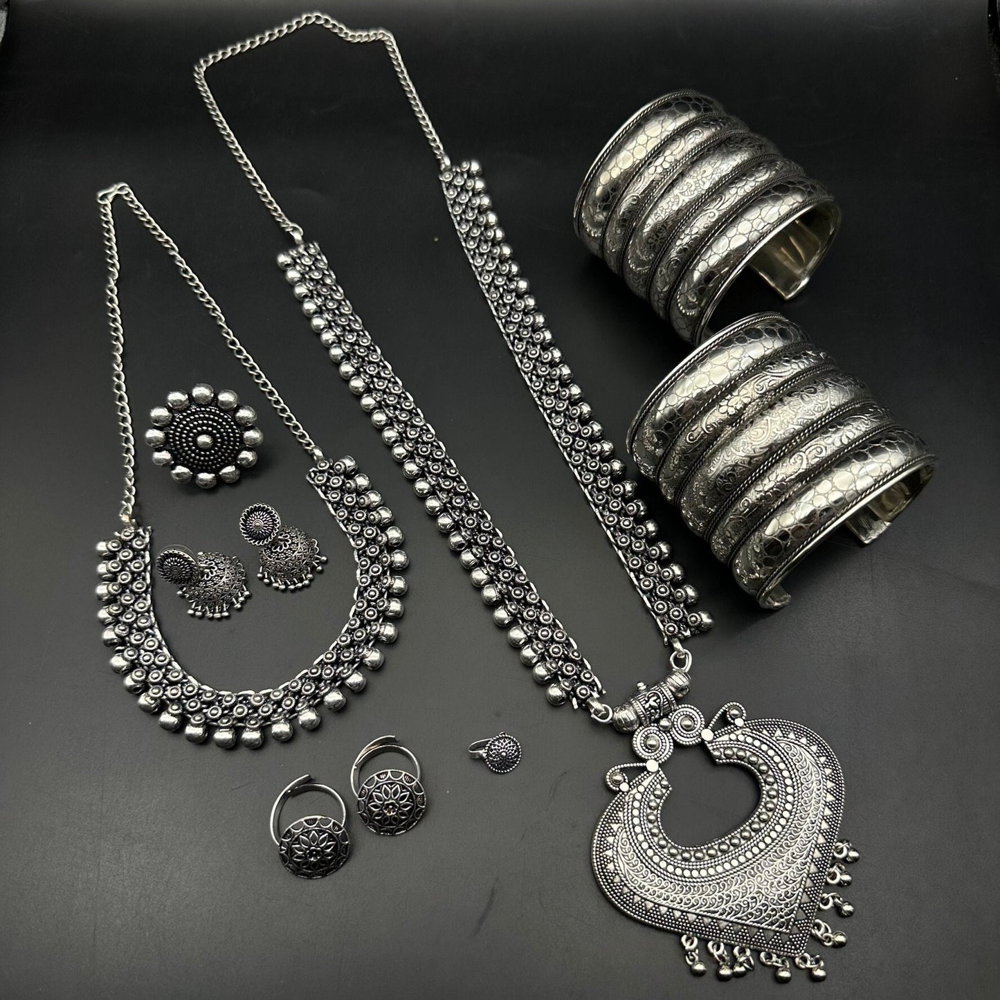 Set of 7 pc Oxidized Jewelry Set, Boho Long Necklace Set, Ethnic Jewelry, Temple Jewelry, Gift for Her, Indian Jewelry Necklace Set, Tribal