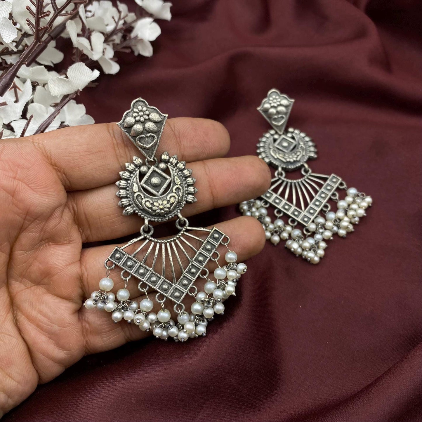 Handmade Oxidized Silver Chandelier Earrings with Pearl Danglers by Quirky Fashions