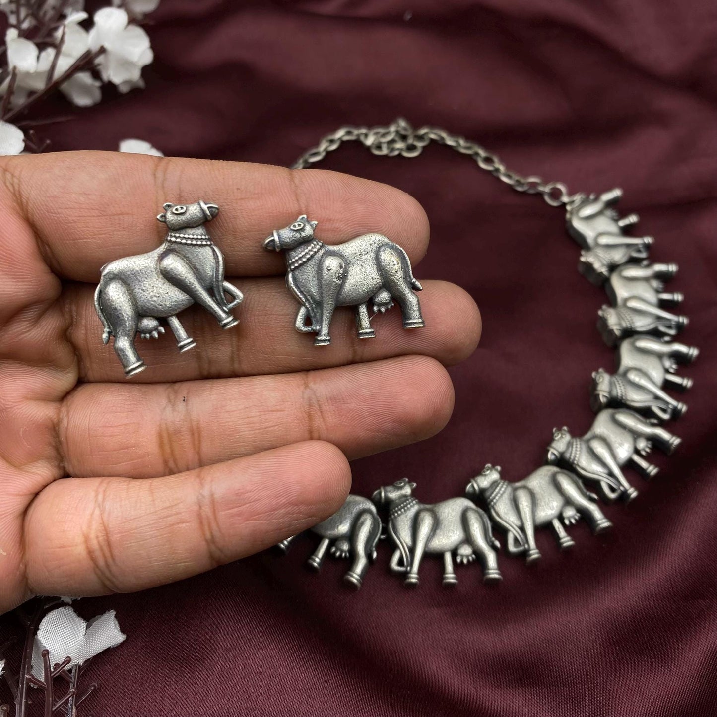 Oxidized Silver Cow Motif Choker Necklace Set | Tribal Animal Jewelry | Boho Statement Necklace with Matching Earrings | Quirky Fashions