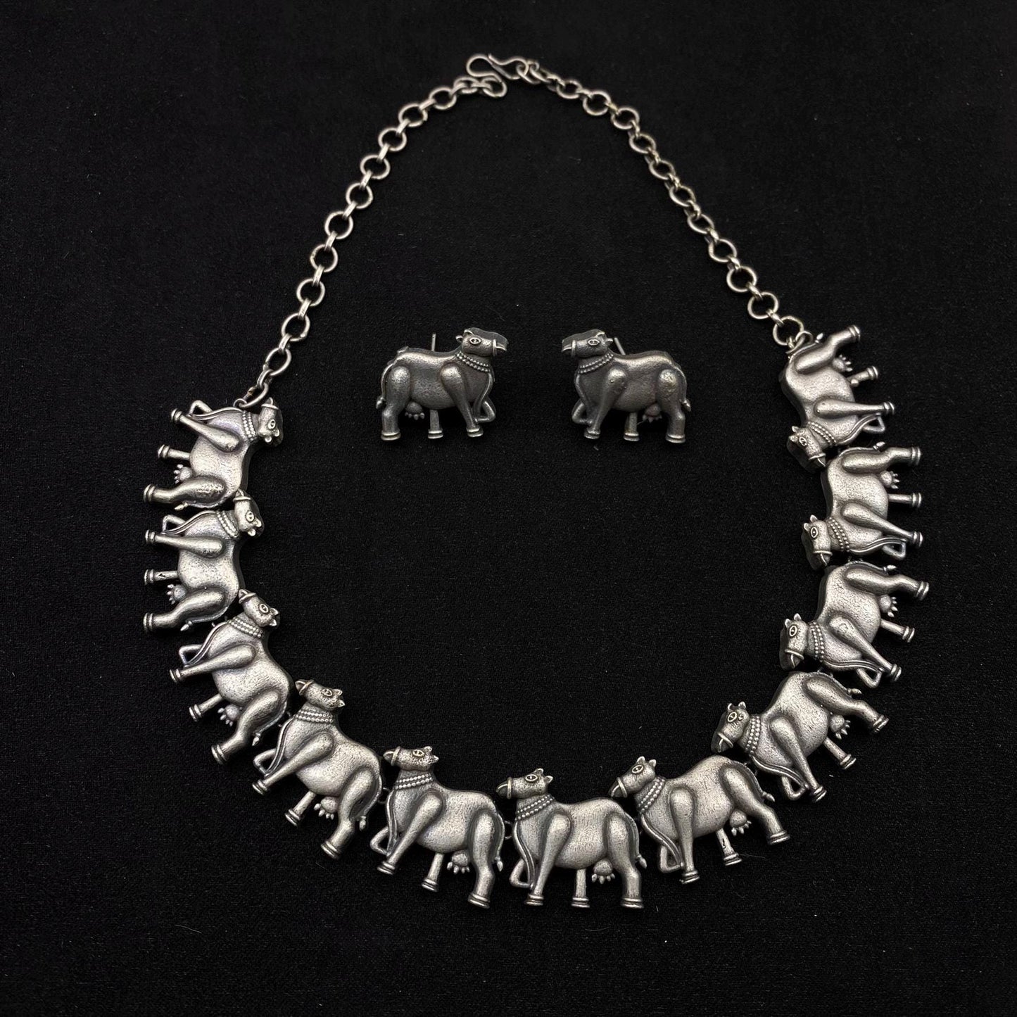 Oxidized Silver Cow Motif Choker Necklace Set | Tribal Animal Jewelry | Boho Statement Necklace with Matching Earrings | Quirky Fashions