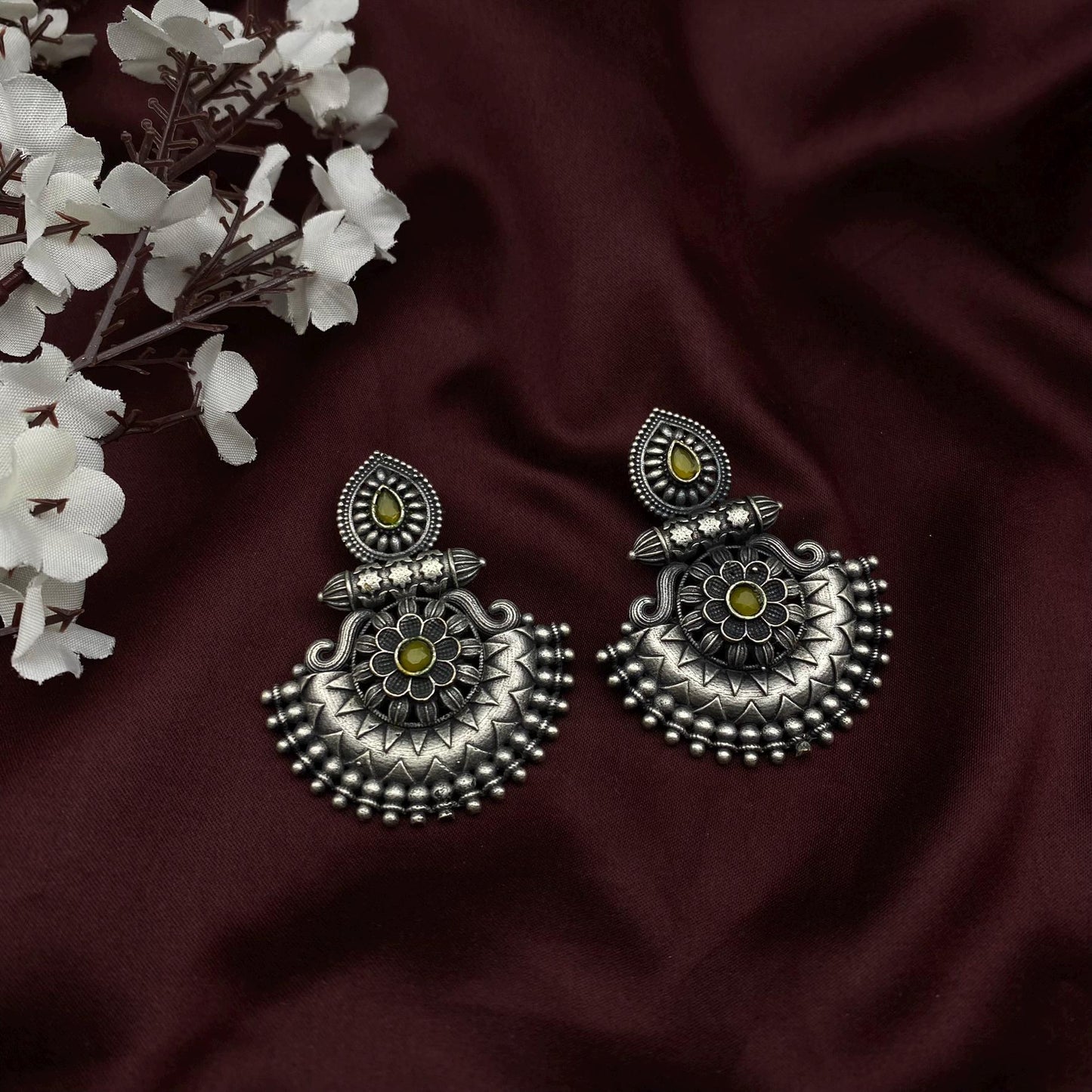 Oxidised Antique Silver Teardrop Floral Chaandbali Earrings by Quirky Fashions – Available in 10 Colors