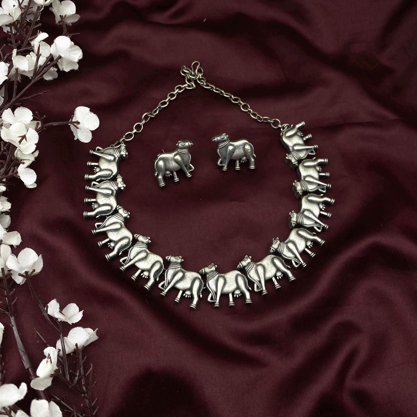 Oxidized Silver Cow Motif Choker Necklace Set | Tribal Animal Jewelry | Boho Statement Necklace with Matching Earrings | Quirky Fashions