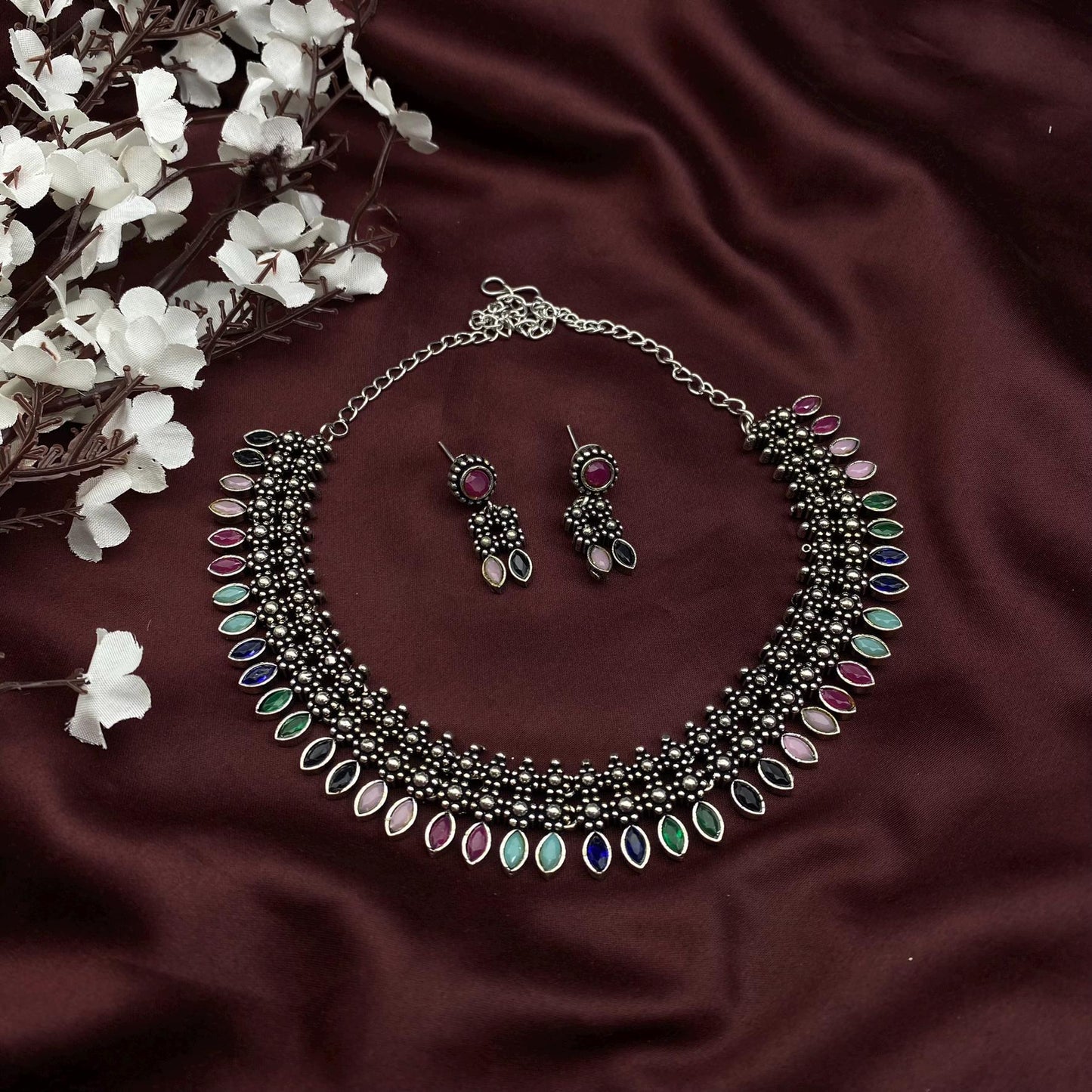Quirky Fashions German Silver Choker Set – Traditional Kolhapuri Floral Design