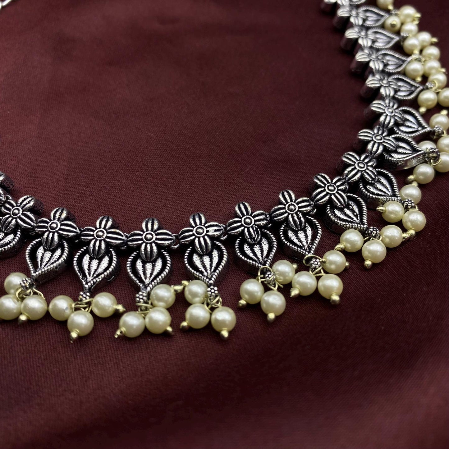 Quirky Fashions Oxidised Choker necklace floral Elegance Pearl Moti Choker Necklace Set with Matching Stud Earrings