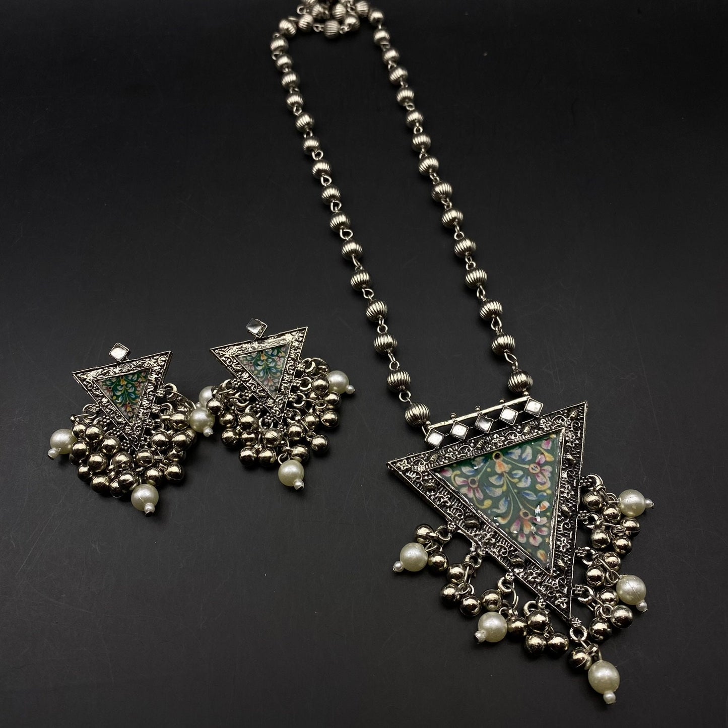 Quirky Fashions Oxidized silver Indian style ethnic wear jewelry necklace set with earrings, banjara necklace, handmade pumpkin beads chain.