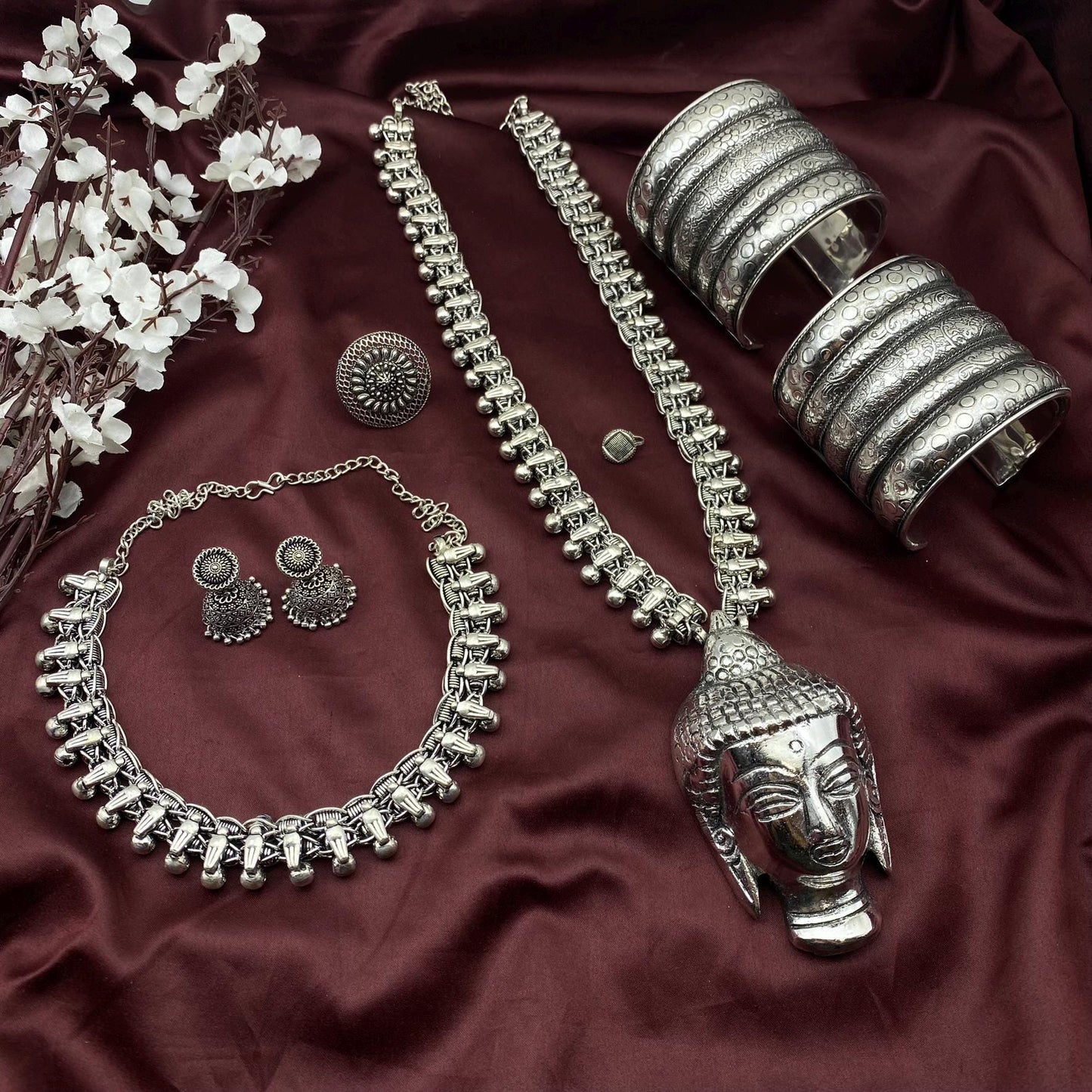 Quirky Fashions Oxidized Silver Dokra Jewelry Set | Radha Krishna | Buddha | Ganesha | Bird Necklace | Combo of 6 pc | Perfect Indian Gift