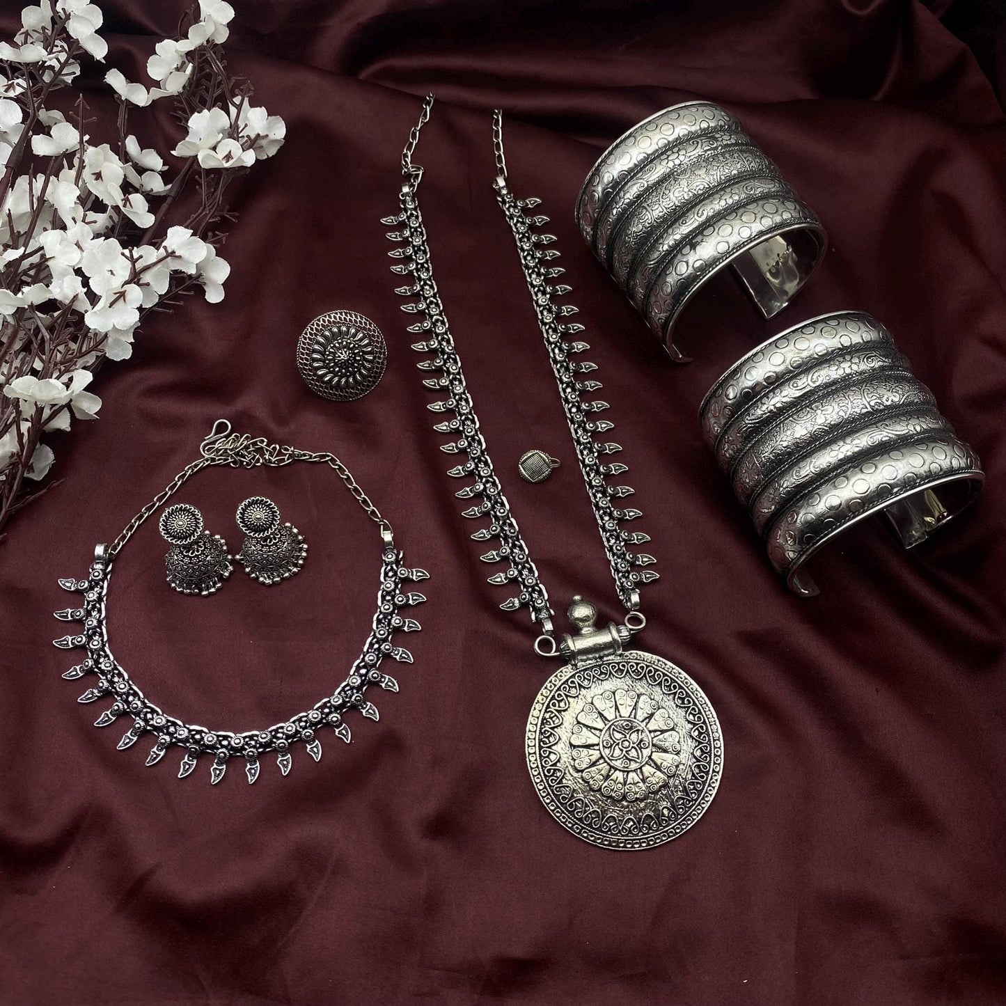 6pc Tribal set, Boho Long Necklace Set, Oxidized Jewelry Set, Ethnic Jewelry, Temple Jewelry, Gift for Xmas, Indian Jewlery Necklace Set