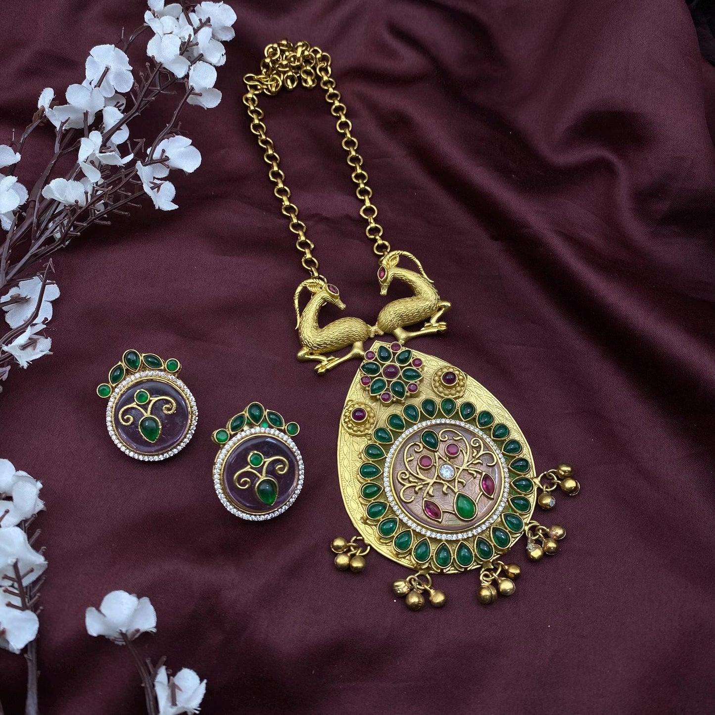Deer Motif Temple Necklace Set with Earrings – Dual Color Options | South Indian Bridal Jewelry | Quirky Fashions