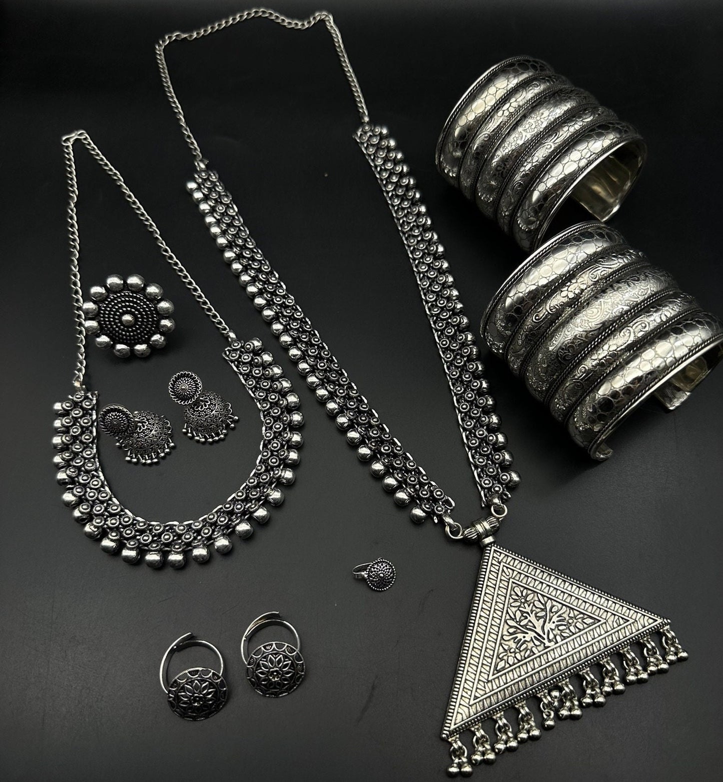 Set of 7 pc Oxidized Jewelry Set, Boho Long Necklace Set, Ethnic Jewelry, Temple Jewelry, Gift for Her, Indian Jewelry Necklace Set, Tribal