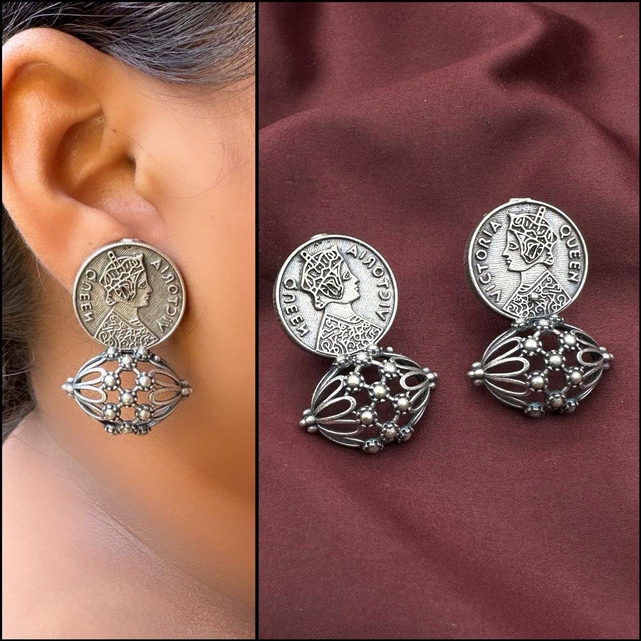 Queen Victoria Indian Oxidised Silver Jewelry Tribal Ethnic Antique Studs for women girl elegant earrings
