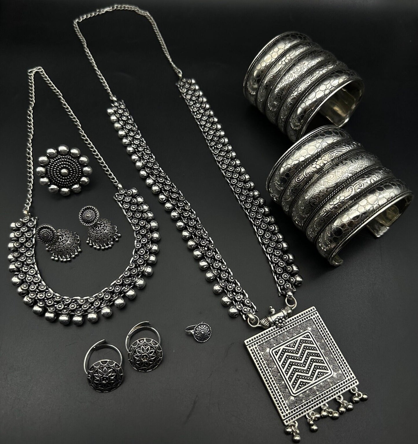 Set of 7 pc Oxidized Jewelry Set, Boho Long Necklace Set, Ethnic Jewelry, Temple Jewelry, Gift for Her, Indian Jewelry Necklace Set, Tribal