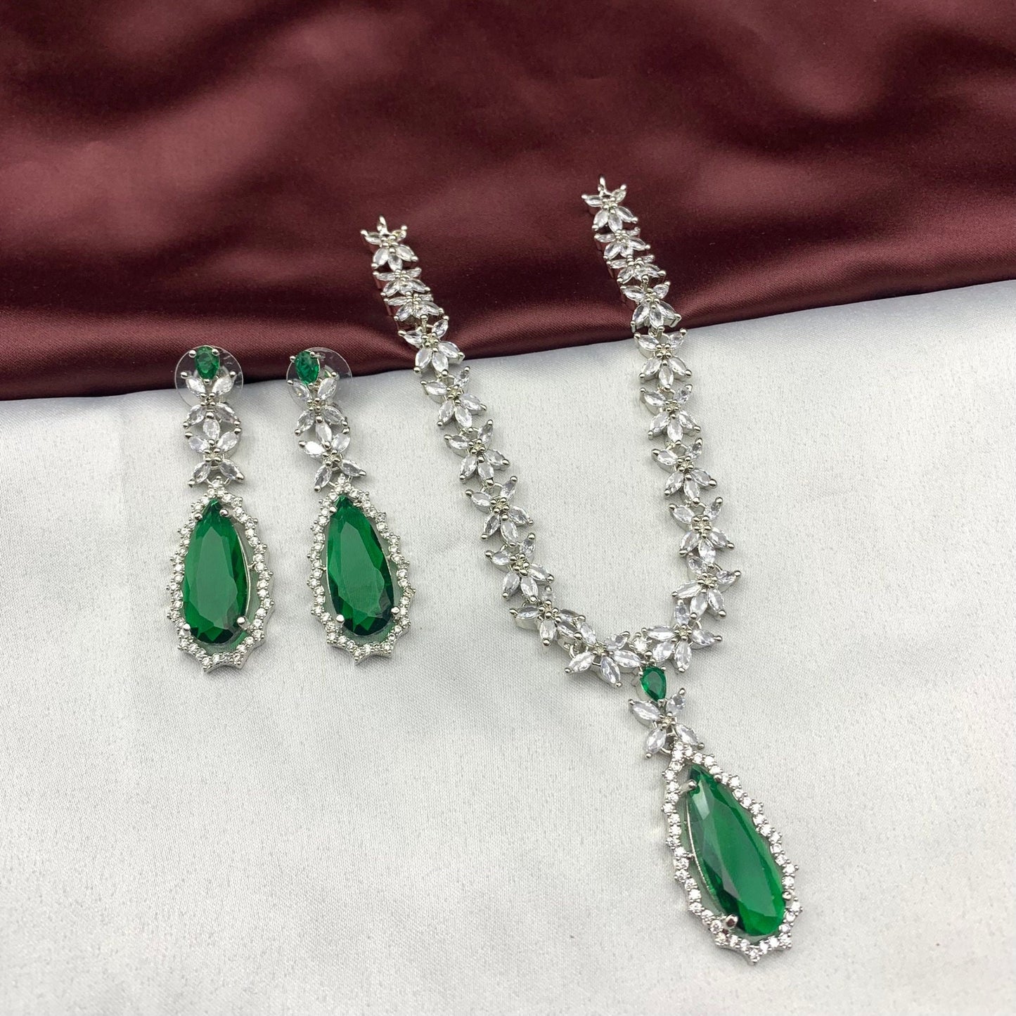 Quirky Fashions emerald drop shape stone CZ necklace with matching earrings | Indian Jewelry | Wedding Jewelry | Indian outfits | Women Gift