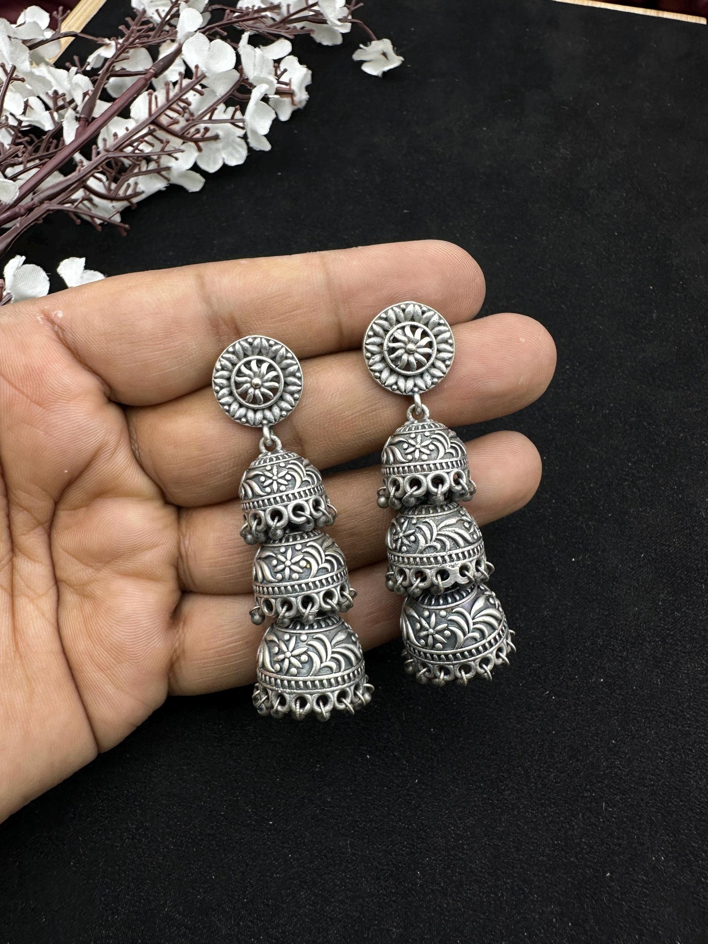 Quirky Fashions Oxidized Silver Triple Jhumka Earrings – Boho Vintage Dangle Earrings for Women