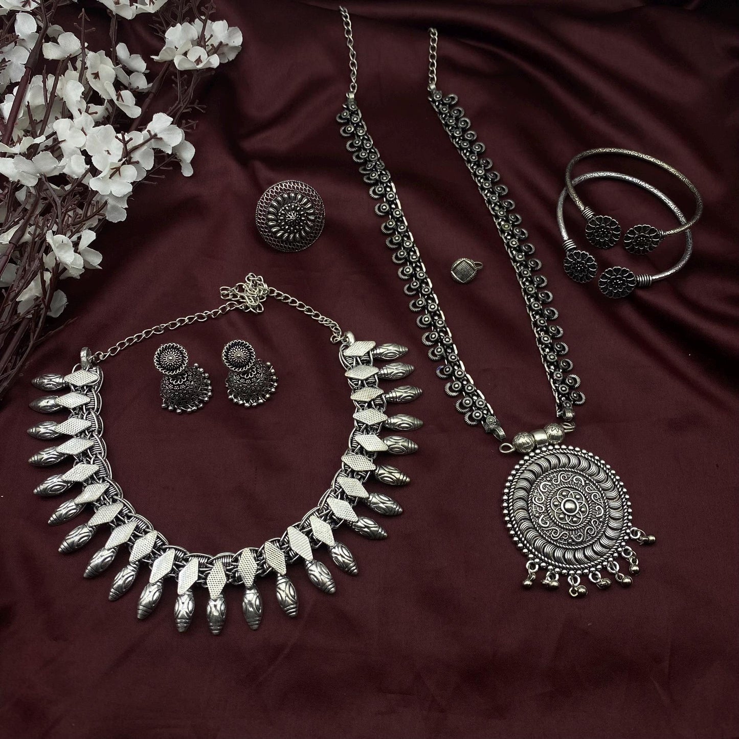 6pc Tribal set, Boho Long Necklace Set, Oxidized Jewelry Set, Ethnic Jewelry, Temple Jewelry, Gift for Xmas, Indian Jewlery Necklace Set