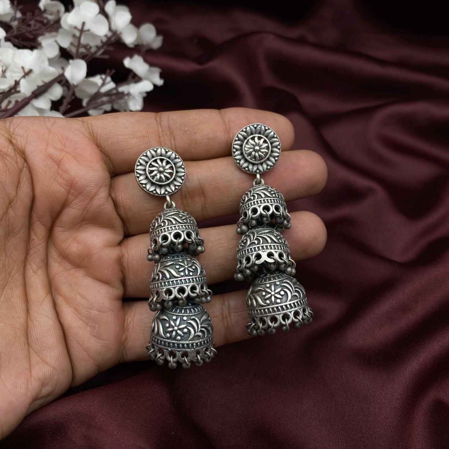 Quirky Fashions Oxidized Silver Triple Jhumka Earrings – Boho Vintage Dangle Earrings for Women