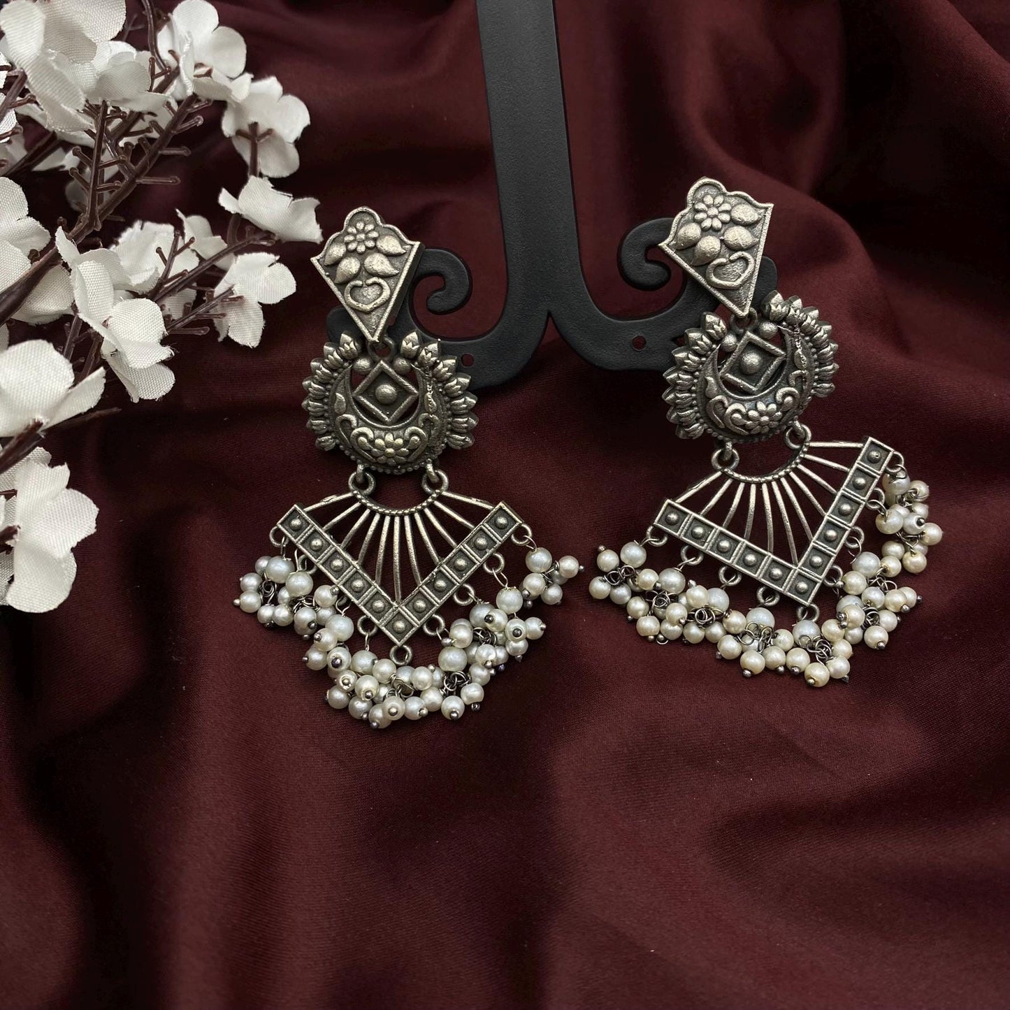 Handmade Oxidized Silver Chandelier Earrings with Pearl Danglers by Quirky Fashions